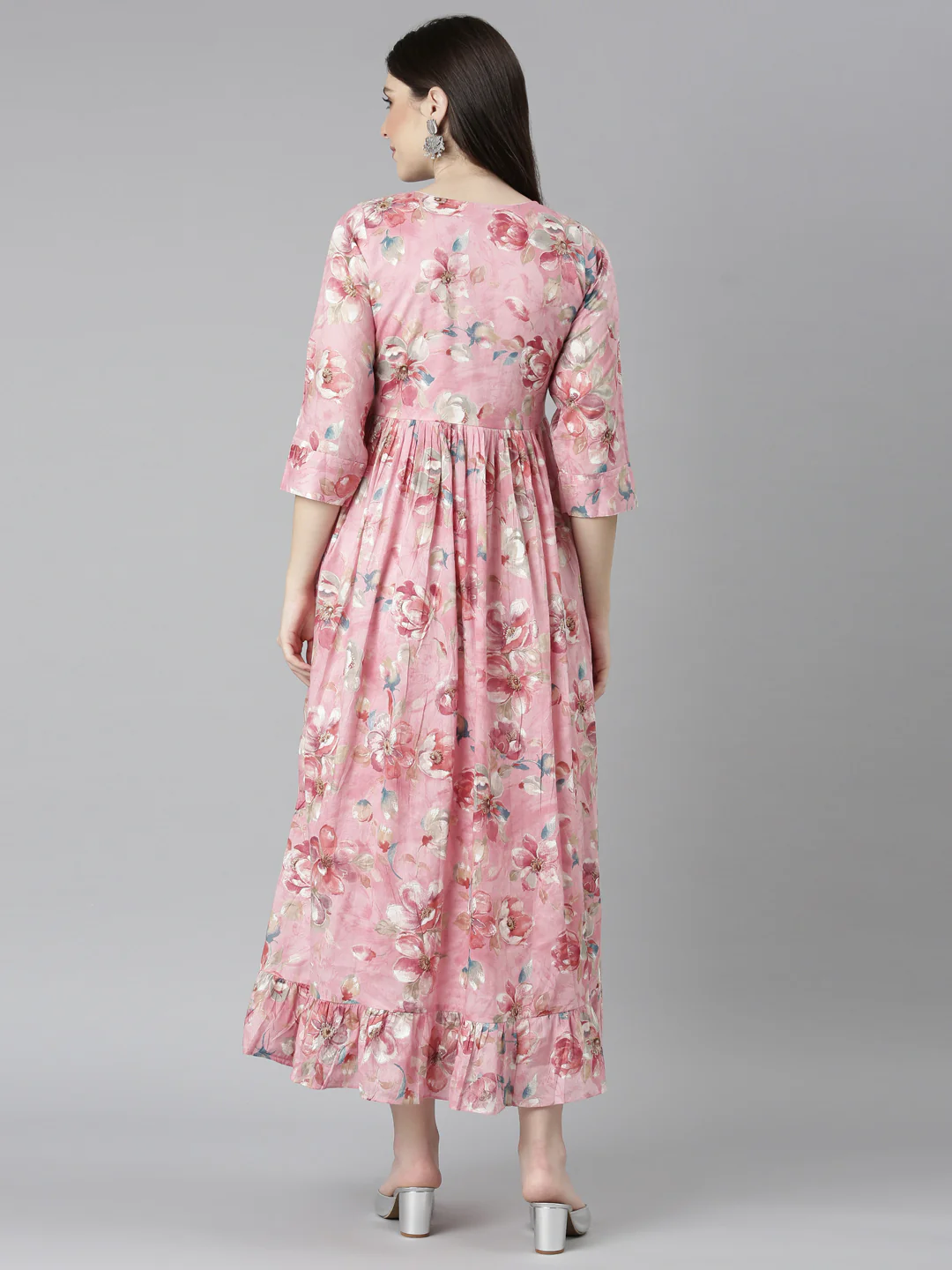 Neerus Pink Straight Casual Floral Dresses - Image 5