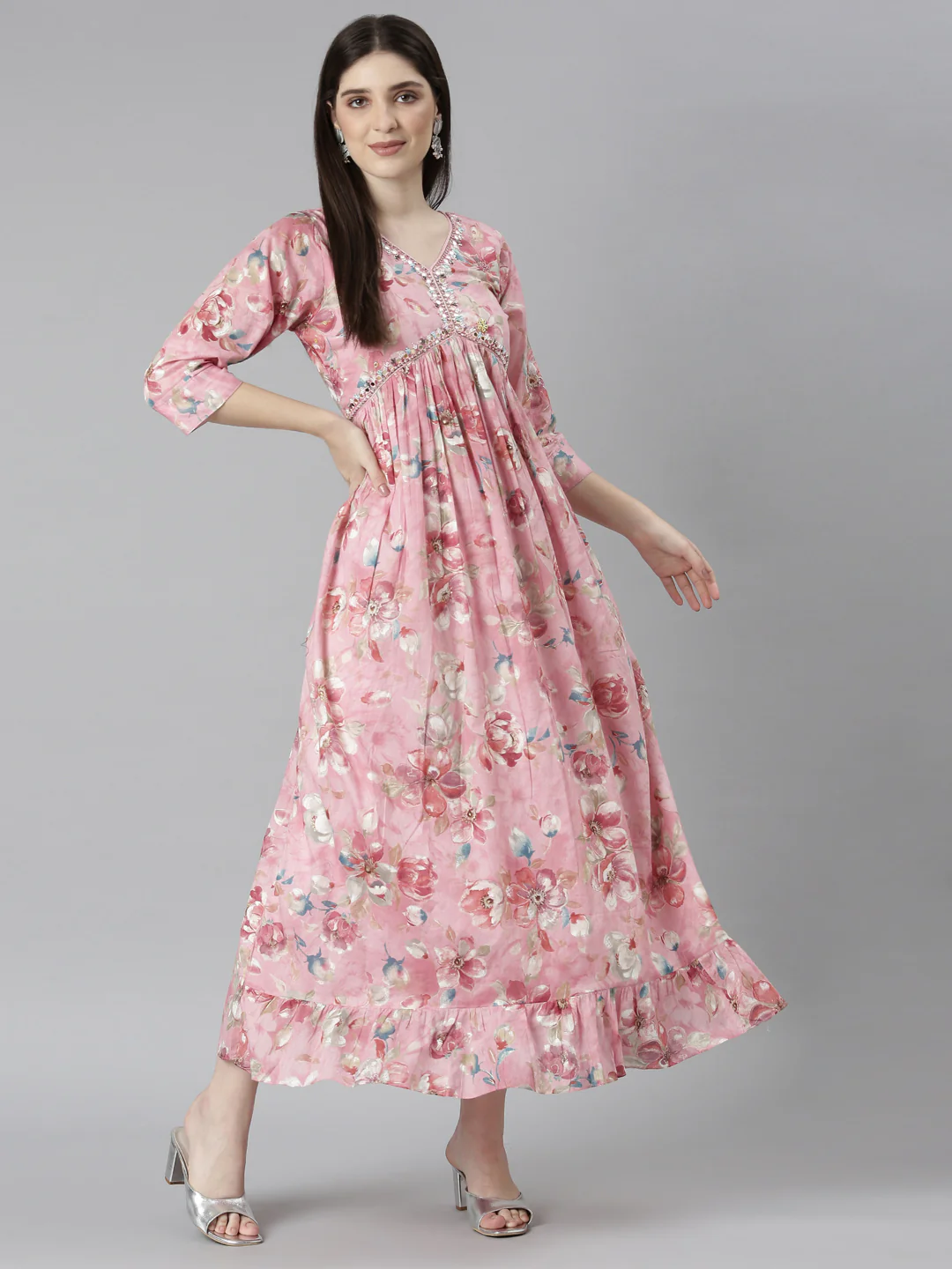 Neerus Pink Straight Casual Floral Dresses - Image 6