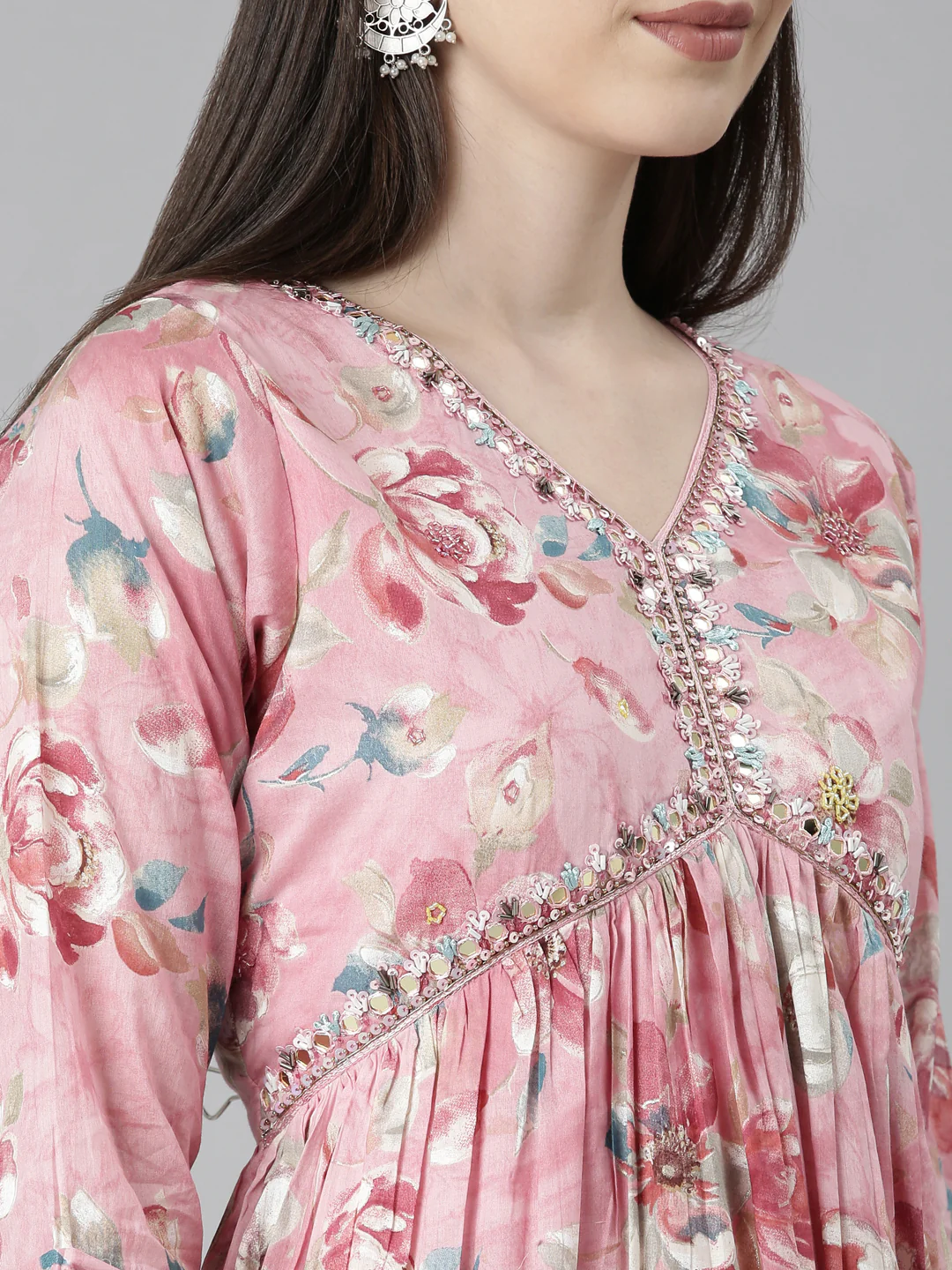 Neerus Pink Straight Casual Floral Dresses - Image 7