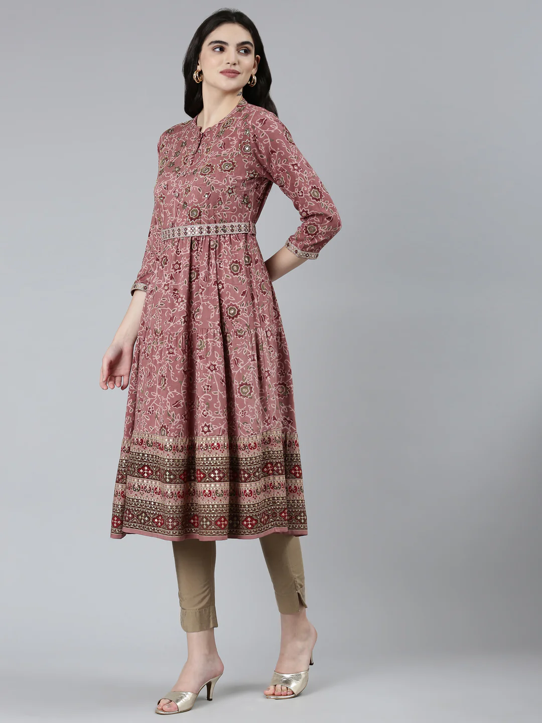 Neerus Pink Straight Casual Floral Dresses - Image 2