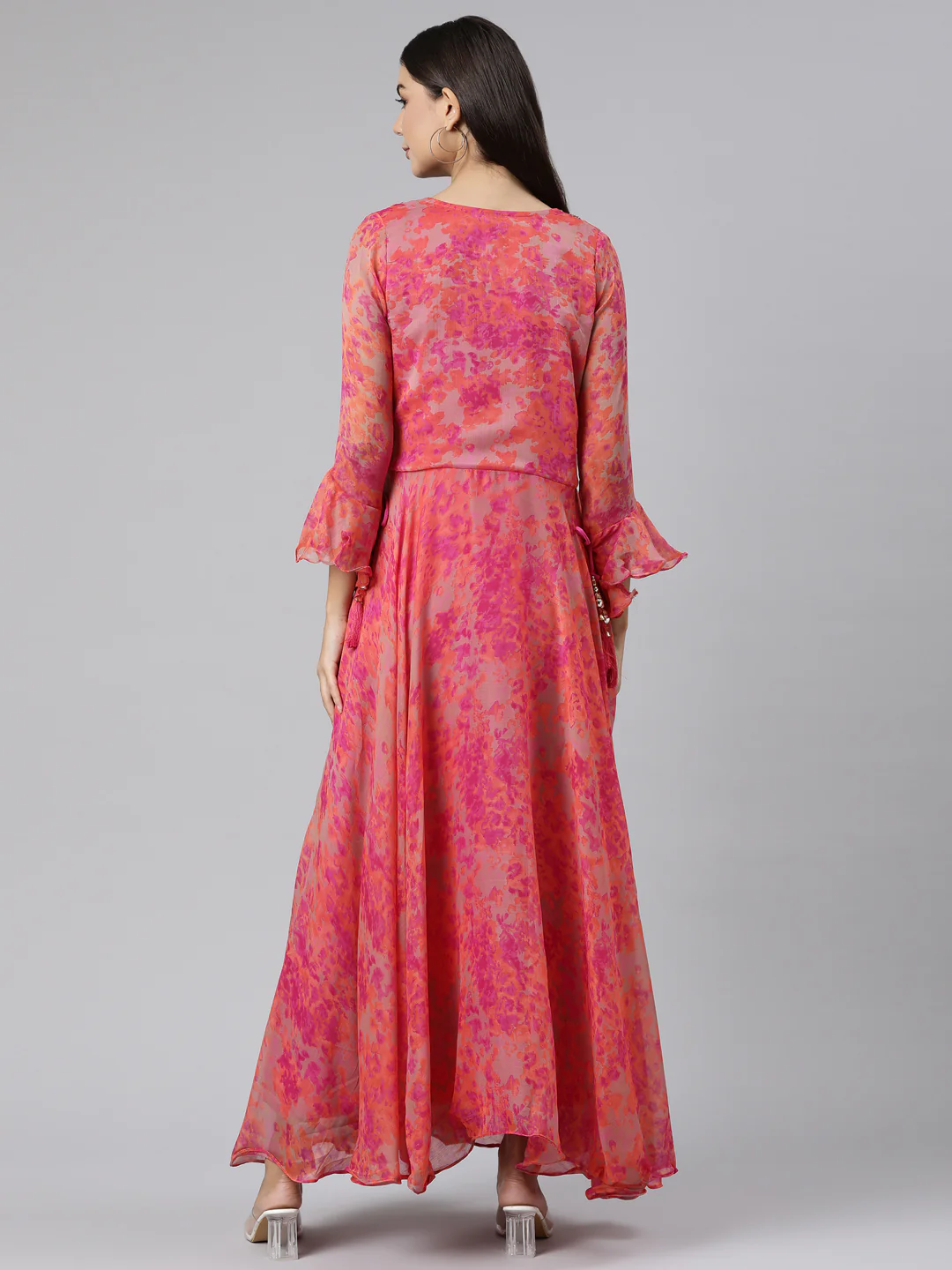 Neerus Pink Straight Casual Floral Dresses - Image 3