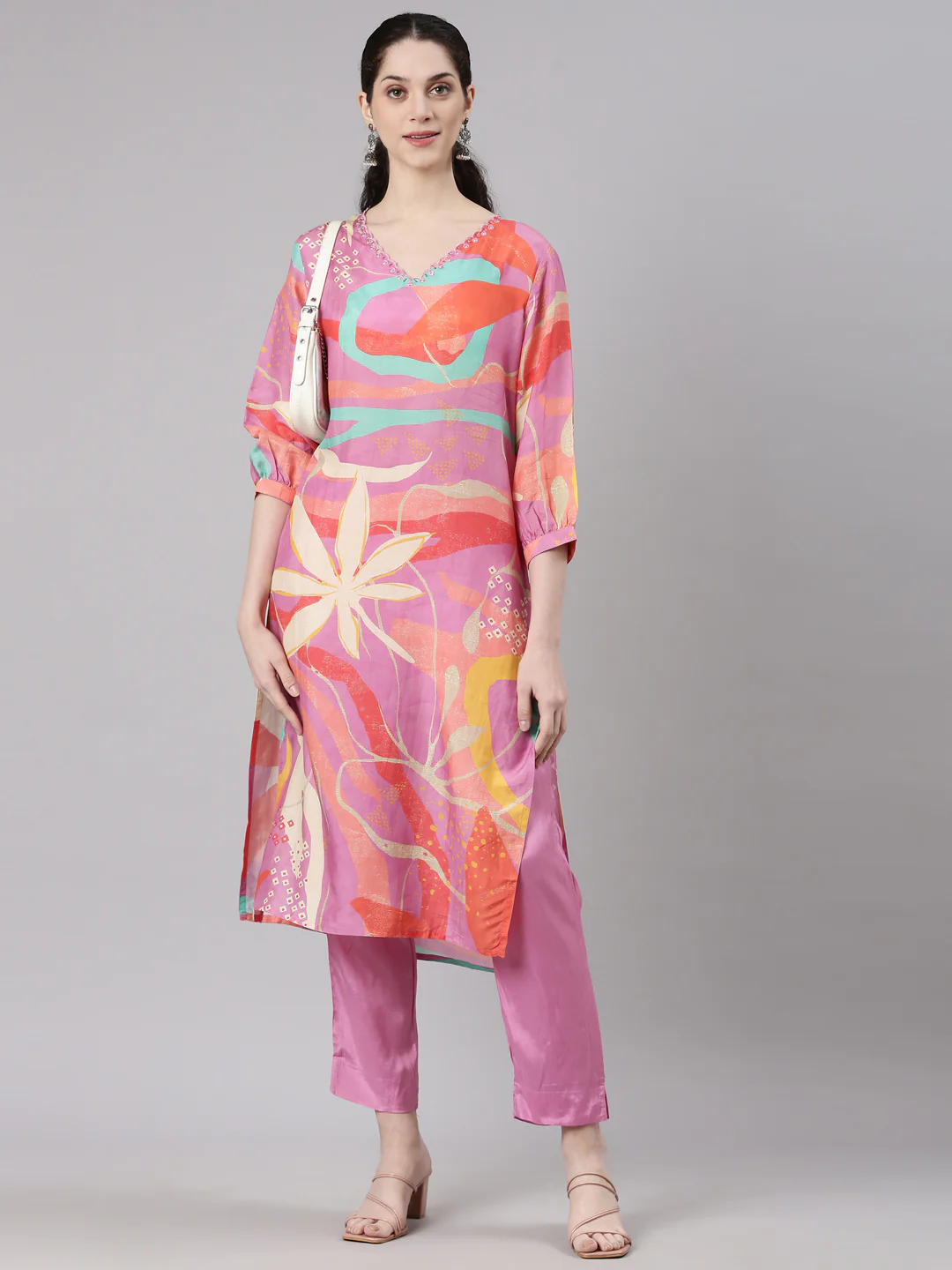 Neerus Pink Straight Casual Floral Kurta and Trouser - Image 6