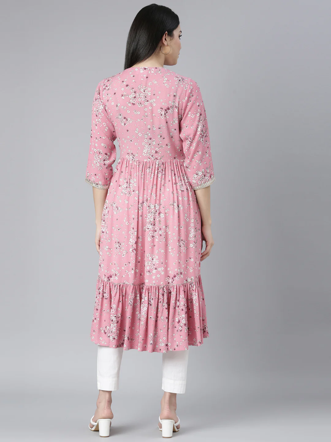 Neerus Pink Straight Casual Floral Maxi Dresses - Image 3