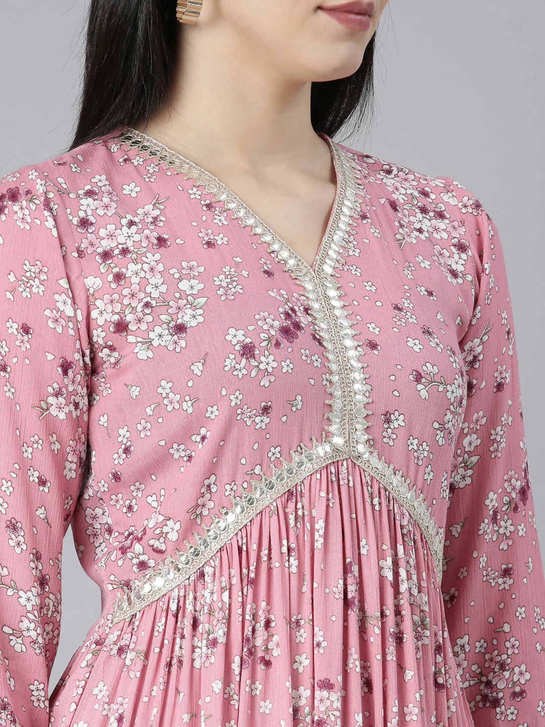 Neerus Pink Straight Casual Floral Maxi Dresses - Image 4
