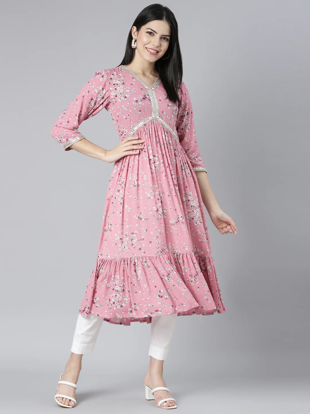 Neerus Pink Straight Casual Floral Maxi Dresses - Image 5