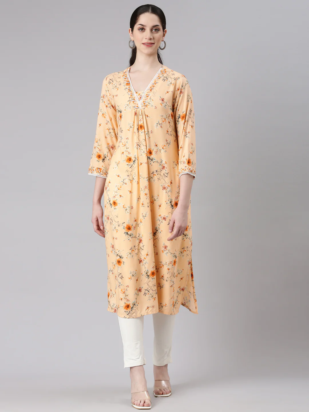Neerus Pink Straight Casual Floral Panelled Kurta