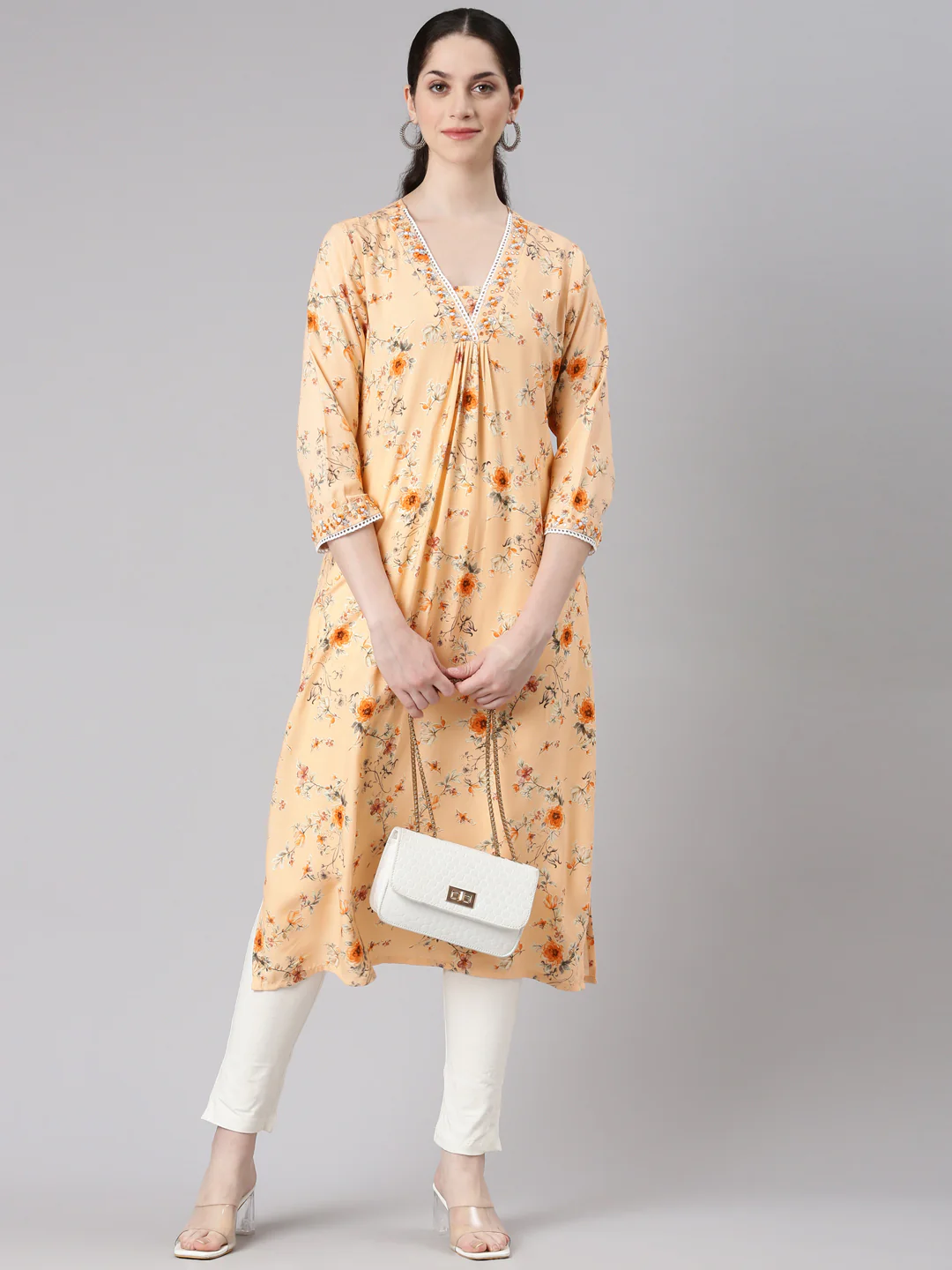 Neerus Pink Straight Casual Floral Panelled Kurta - Image 5