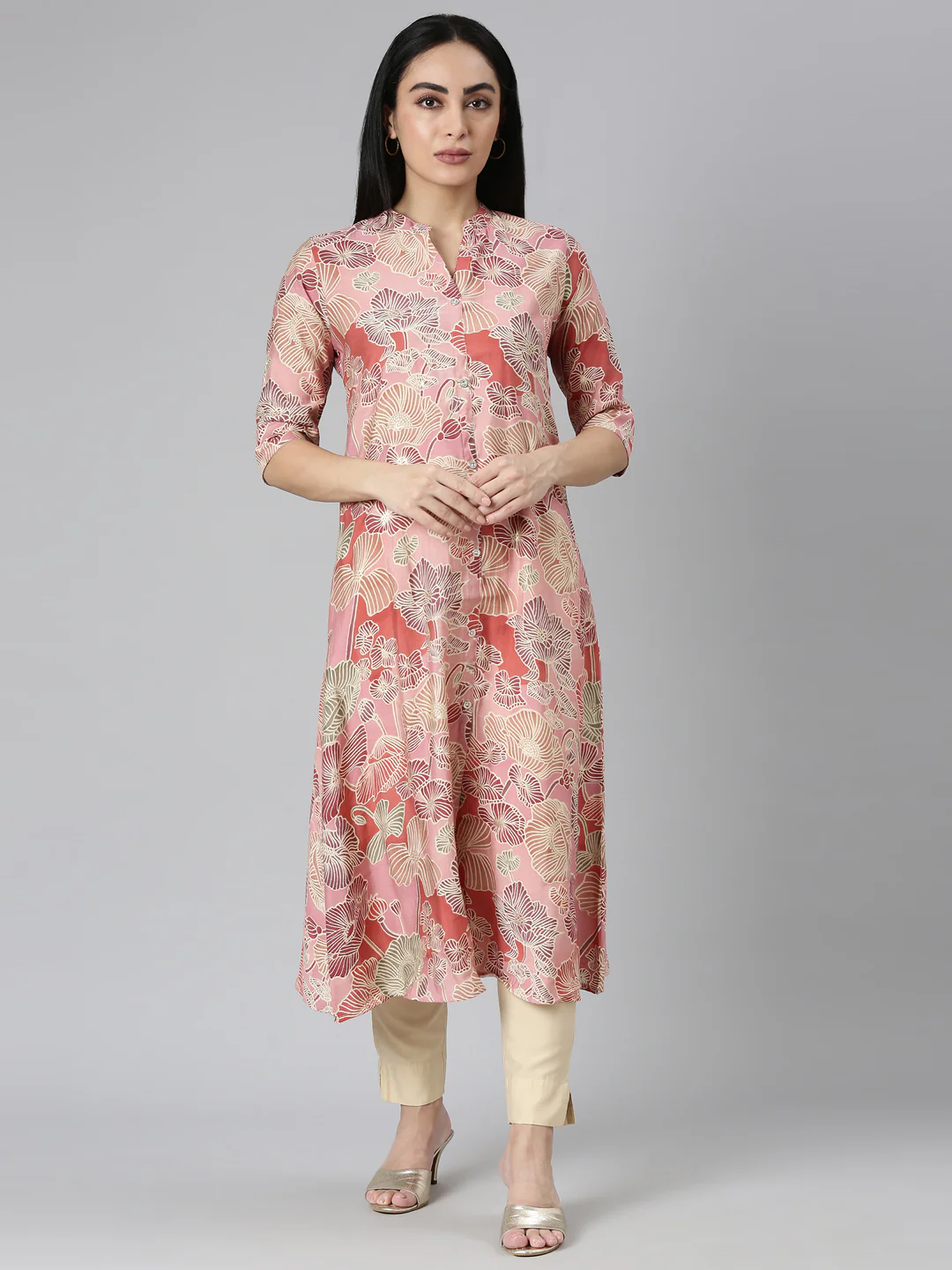 Neerus Baby Pink Straight Casual Floral Straight Kurta