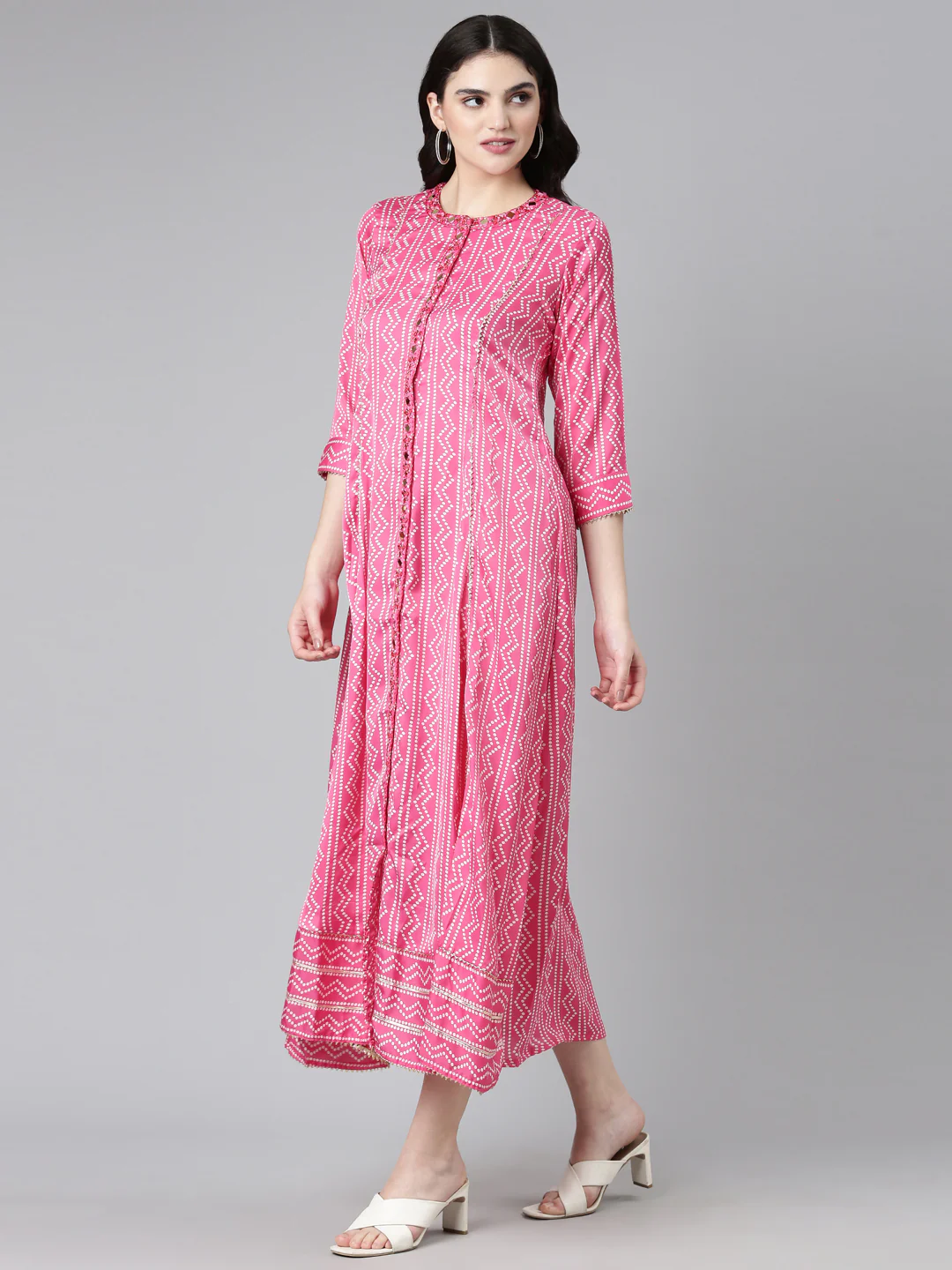 Neerus Pink Straight Casual Printed Dress - Image 2