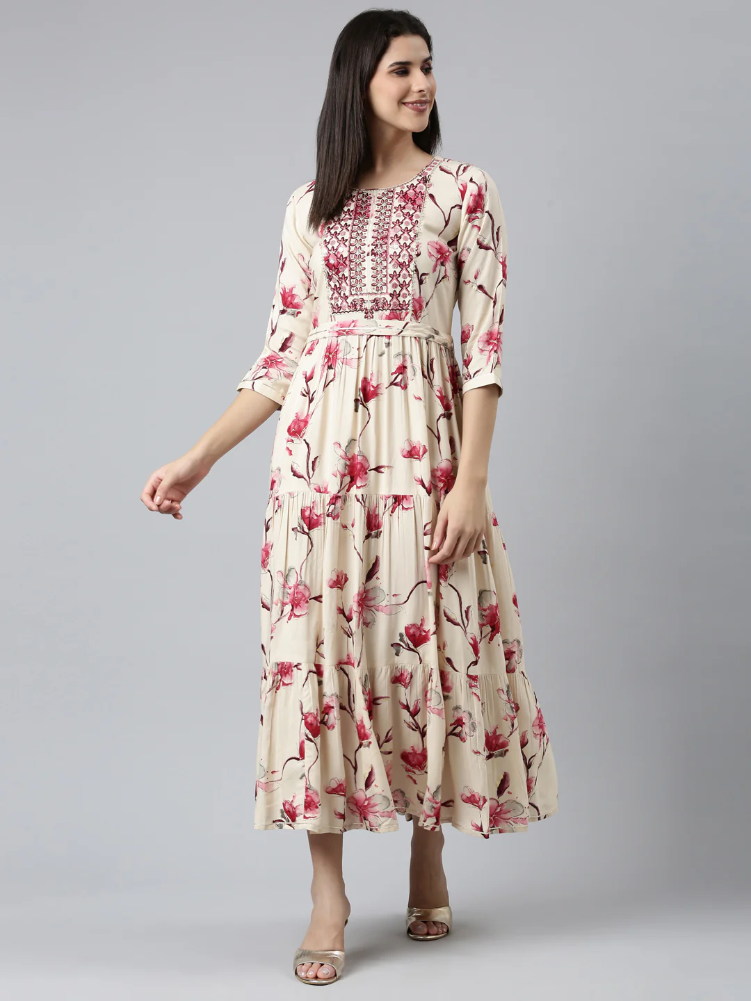 Neerus Pink Straight Casual Printed Dress - Image 5