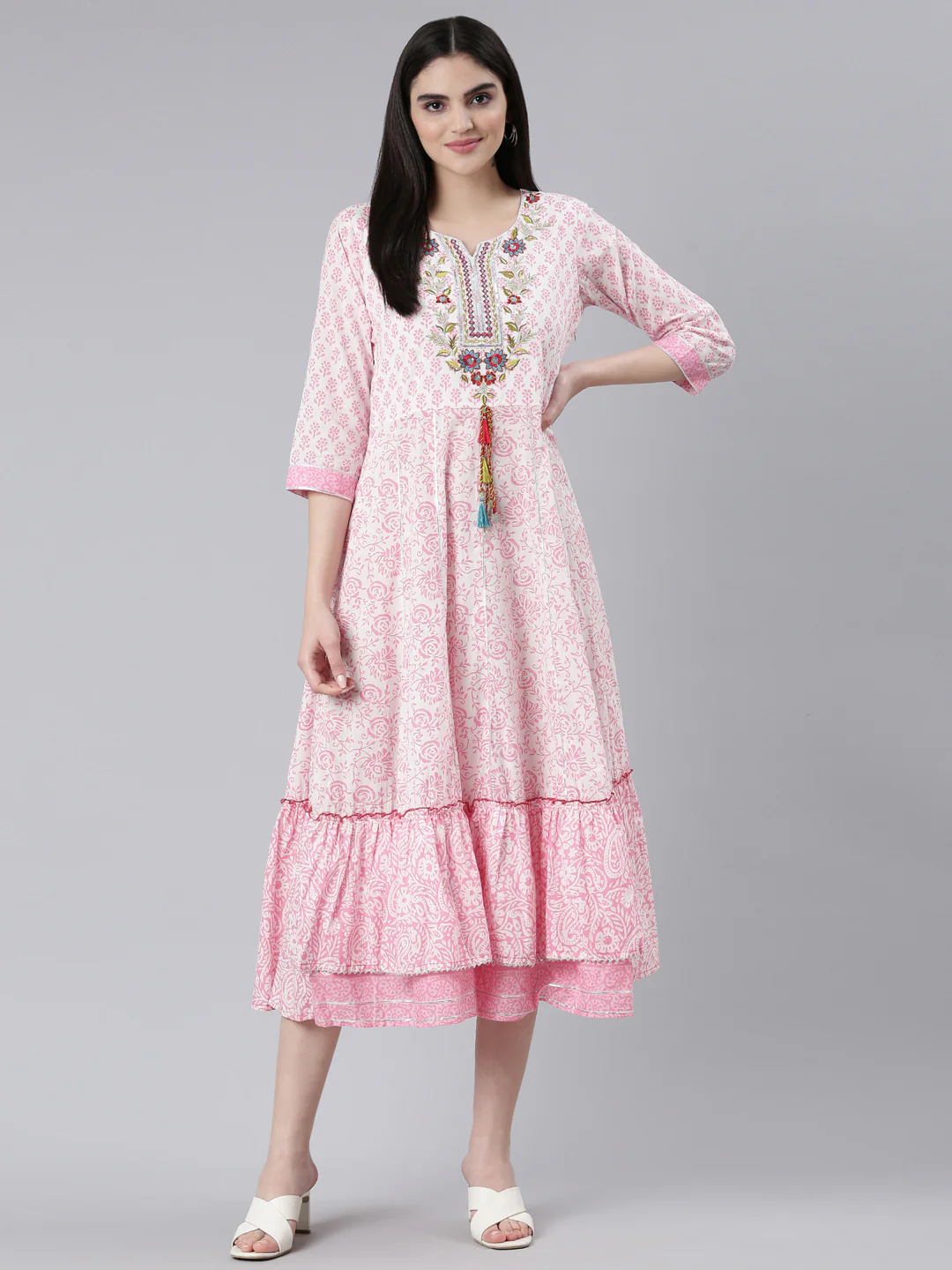 Neerus Pink Straight Casual Printed Dress - Image 4