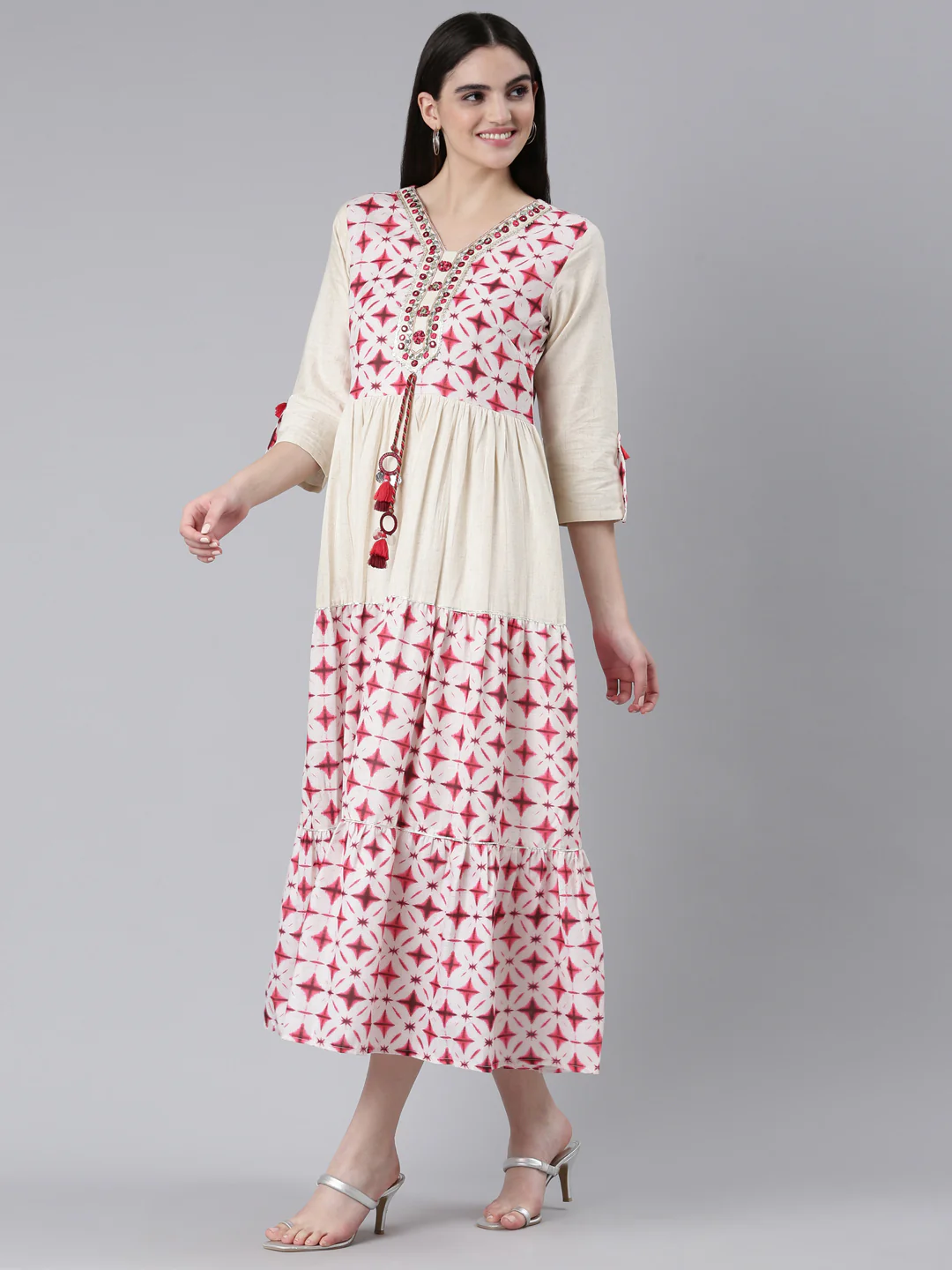 Neerus Pink Straight Casual Printed Dress - Image 2