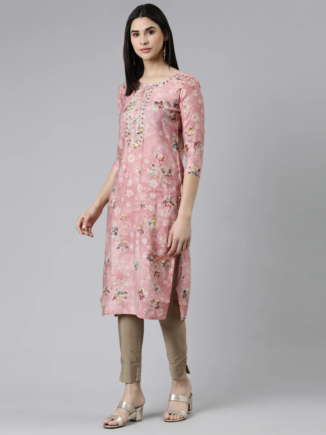 Neerus Pink Straight Printed Cotton Silk Kurta - Image 2