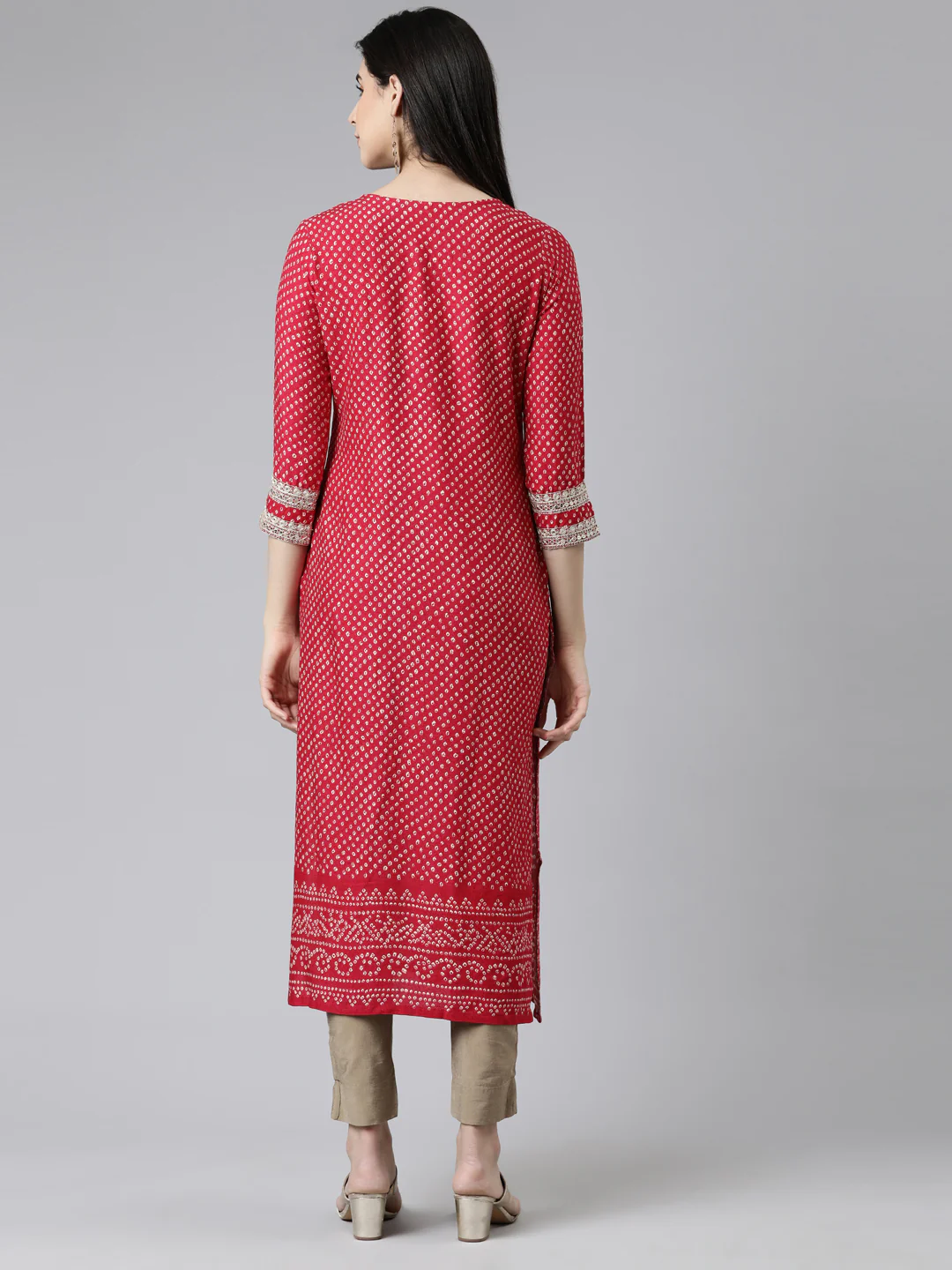 Neerus Pink Straight Printed Cotton Silk Kurta - Image 3