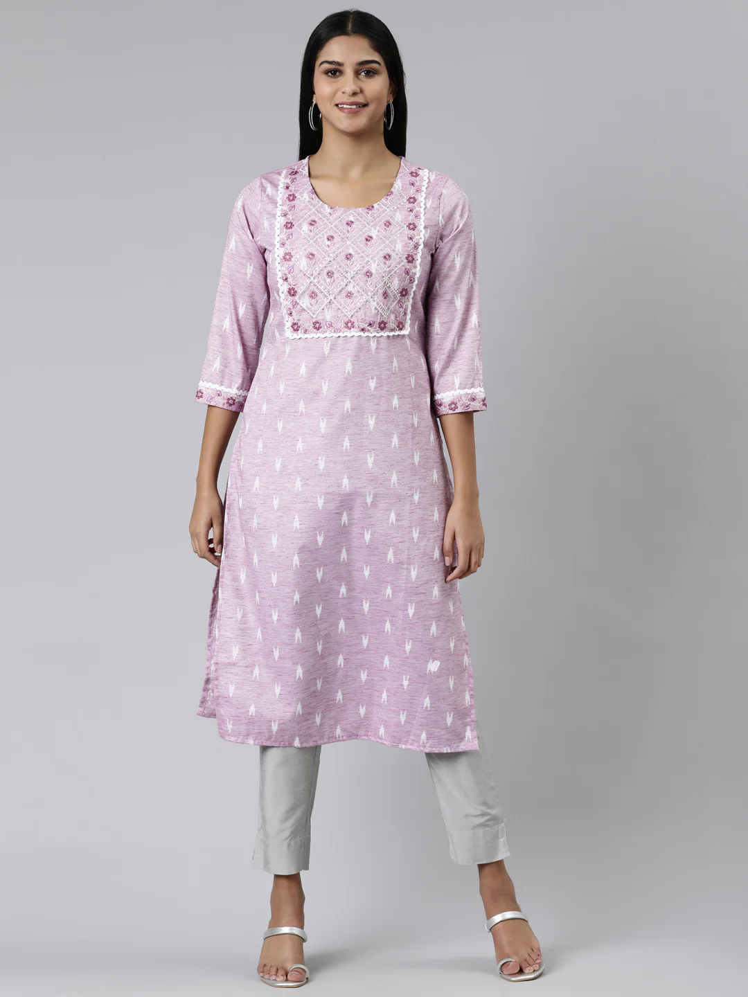 Neerus Pink Straight Printed Viscose Rayon Kurta