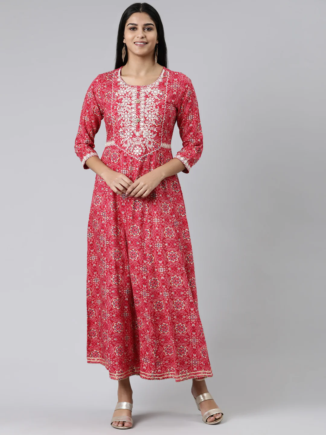 Neerus Pink Straight Printed Viscose Rayon Kurta