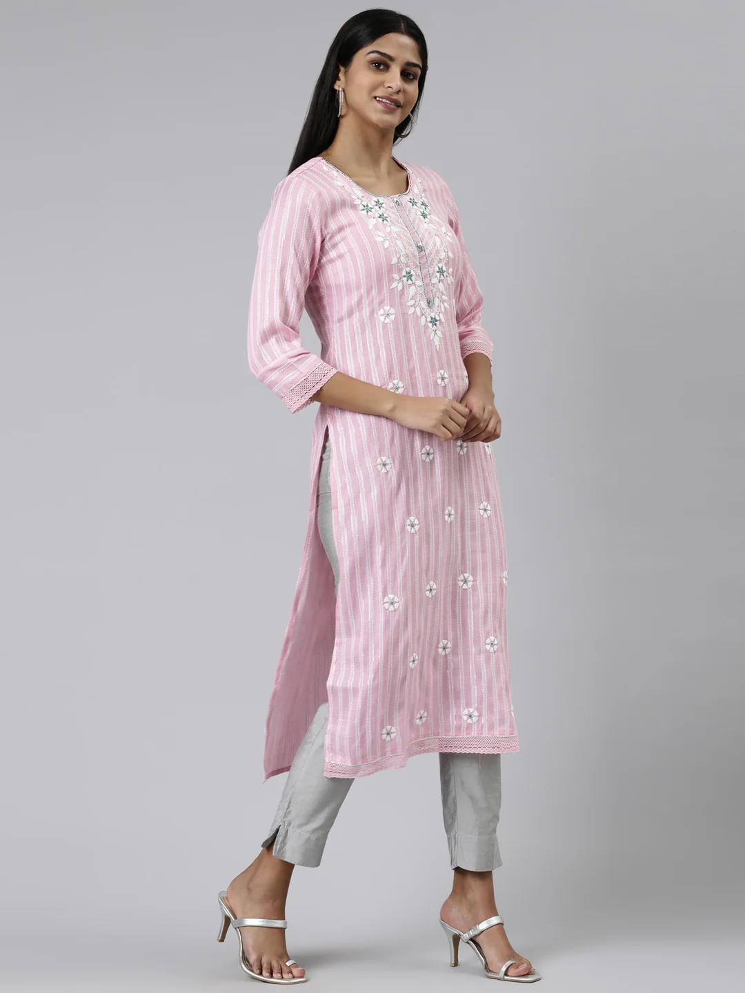Neerus Pink Straight Printed Viscose Rayon Kurta - Image 2