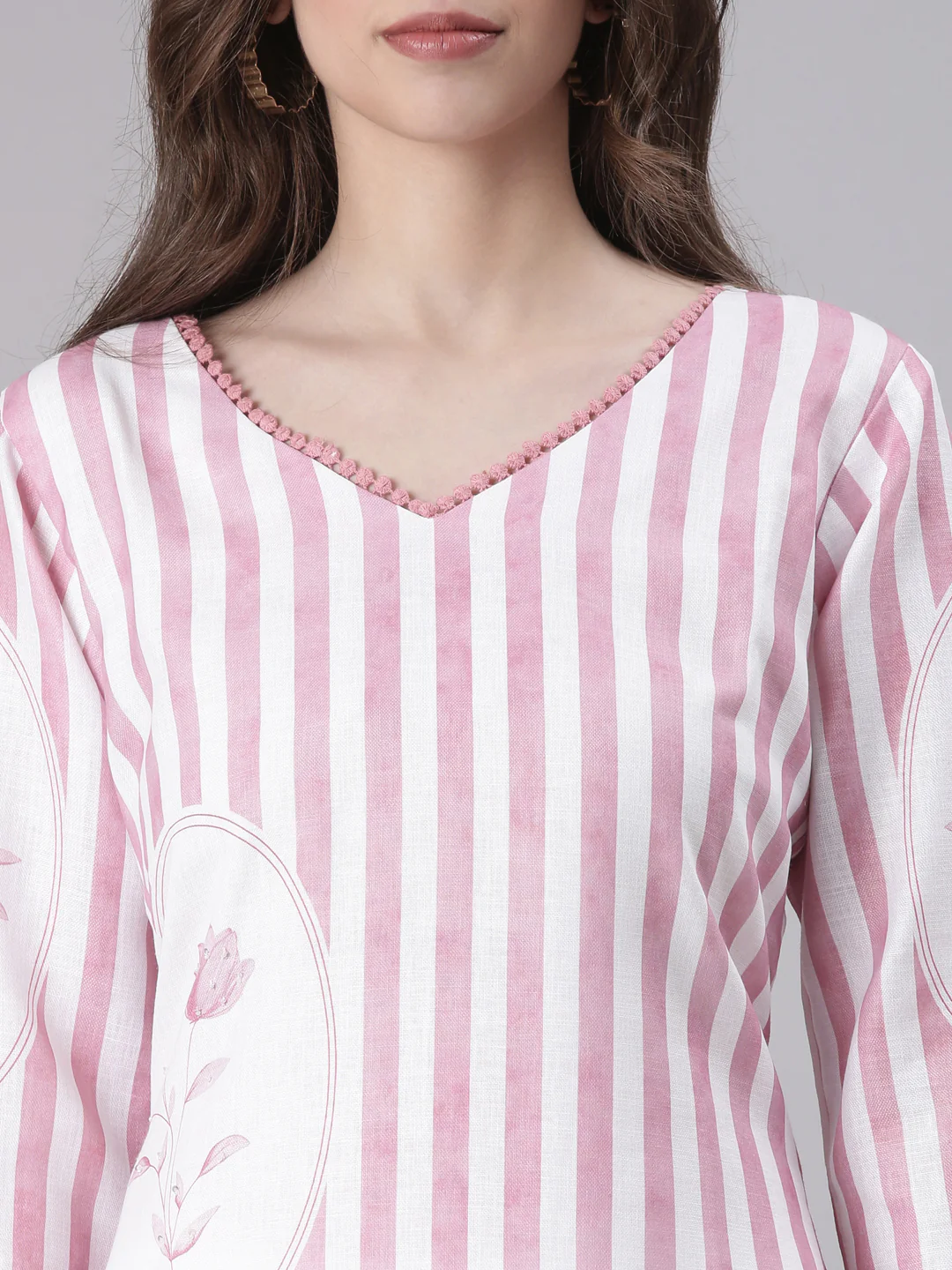 Neerus Pink Striped Straight Kurta and Trousers With Dupatta - Image 4