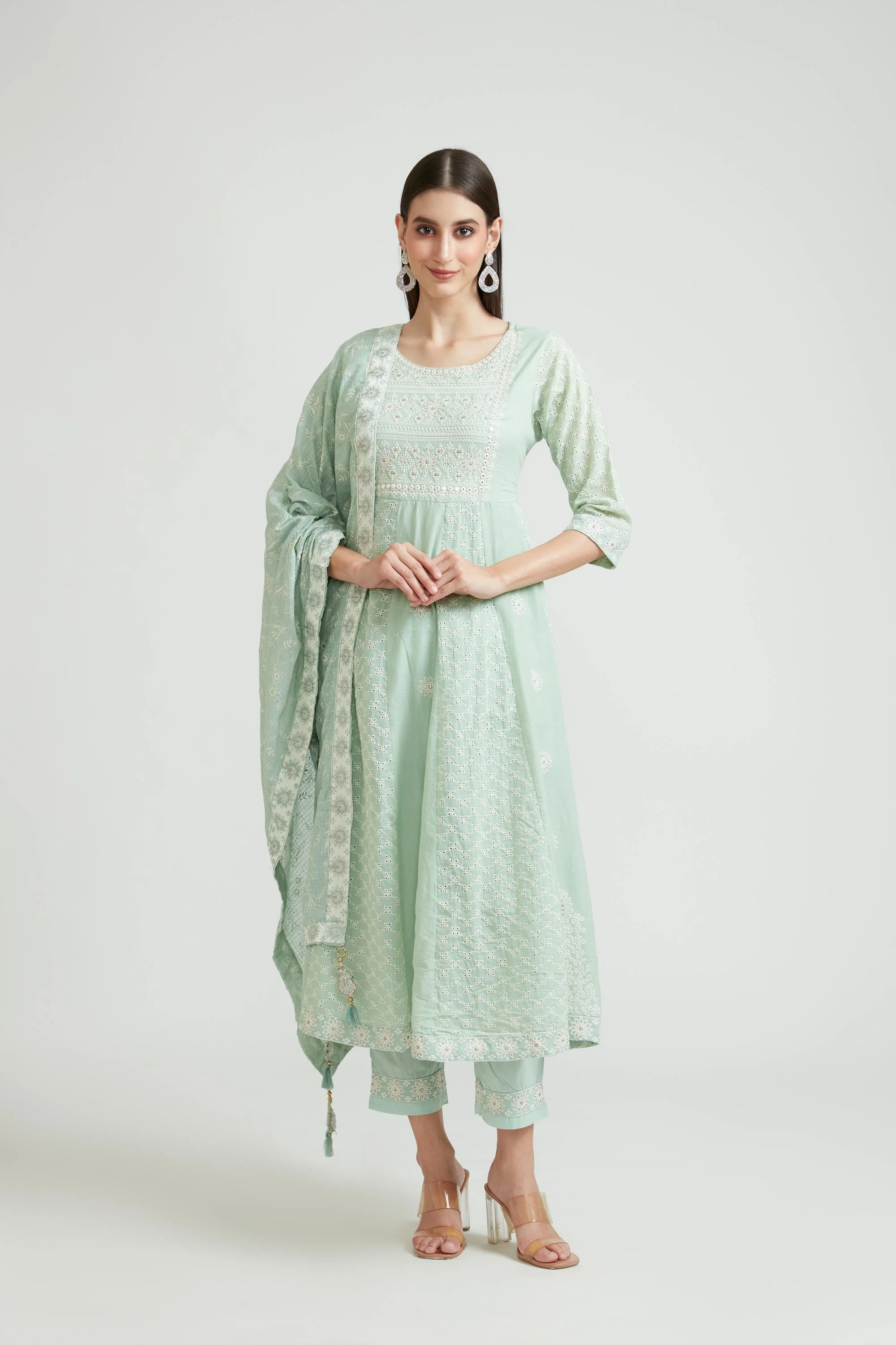Neerus Pista Color Cotton Fabric Kurta Set
