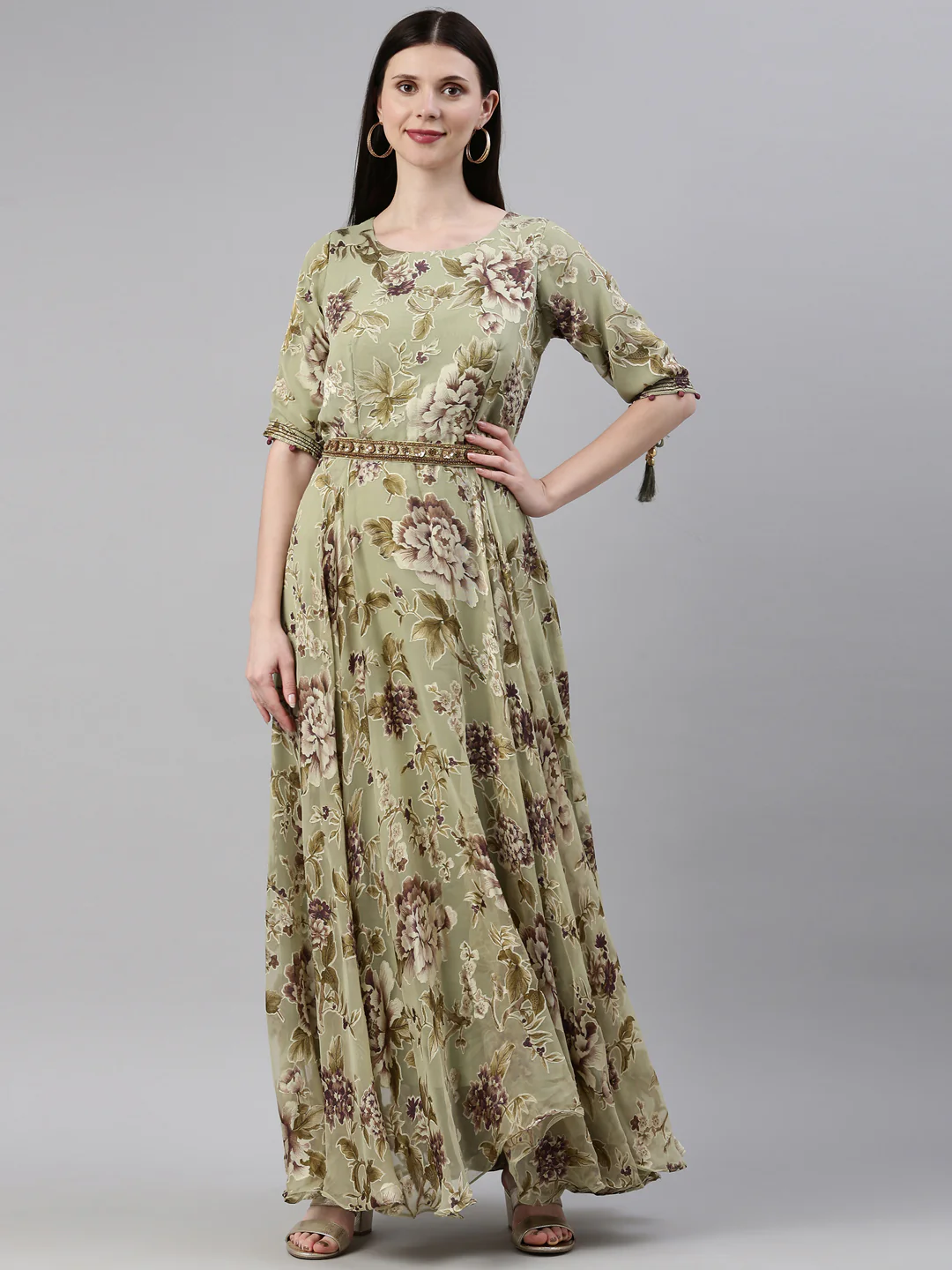 Neerus Pista Color Georgette Fabric Dress