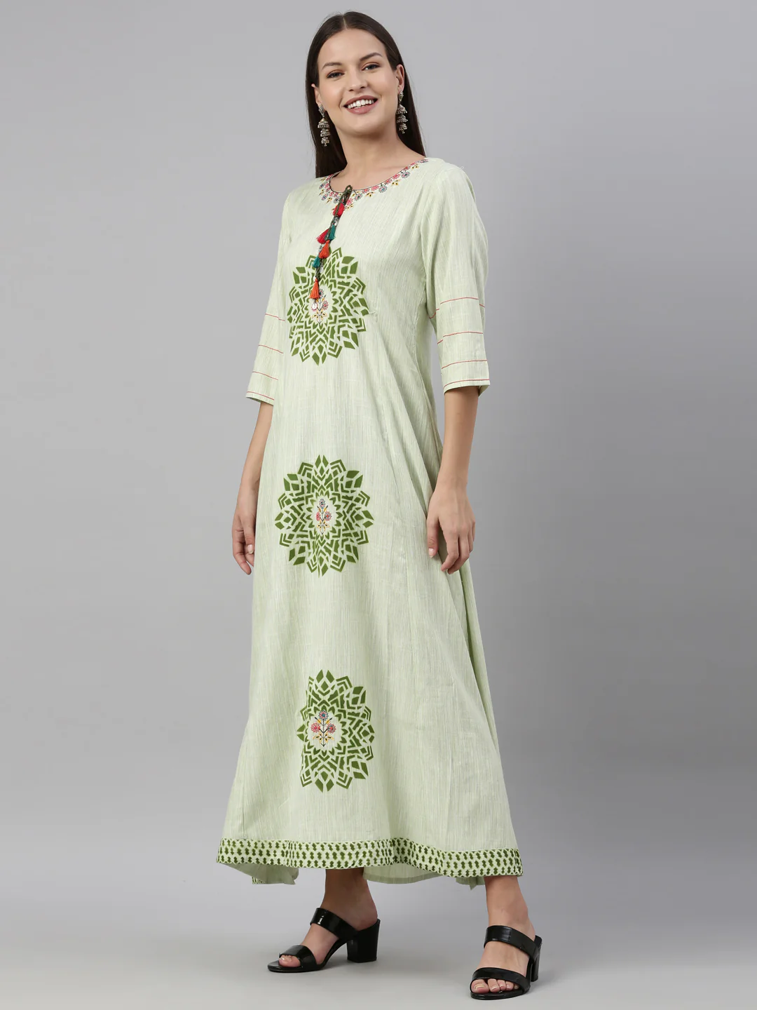 Neerus Pista Color Handloom Fabric Kurta - Image 3