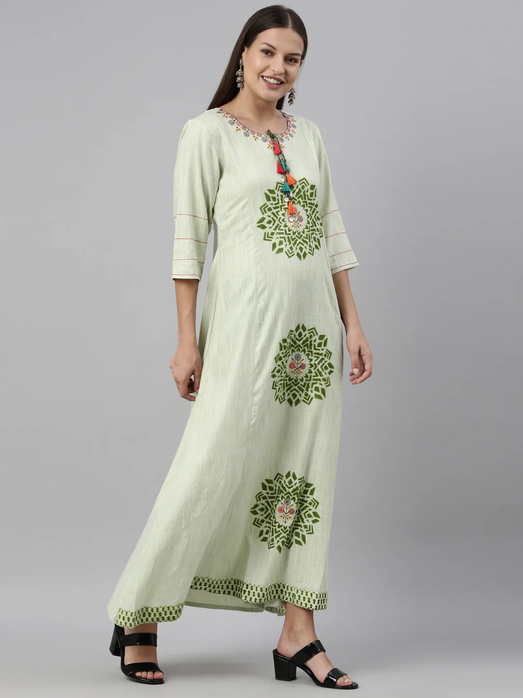 Neerus Pista Color Handloom Fabric Kurta - Image 4
