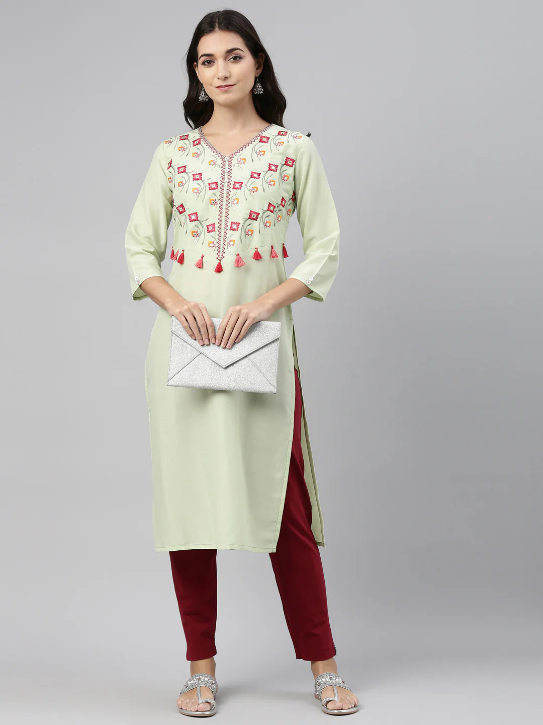 Neerus Pista Color Muslin Fabric Tunic