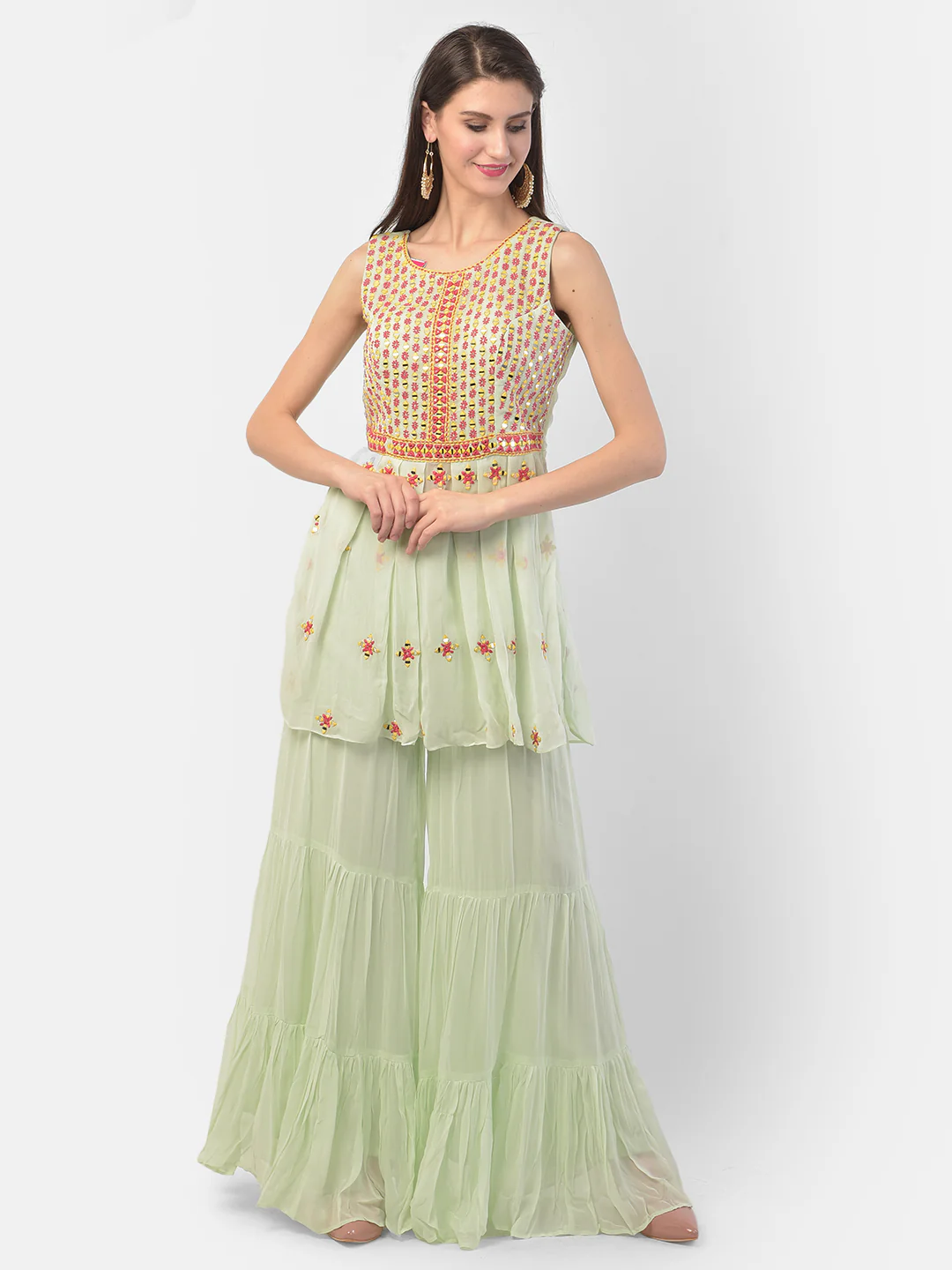 Neerus Pista Green Color Georgette Fabric Suit-Short Anarkali
