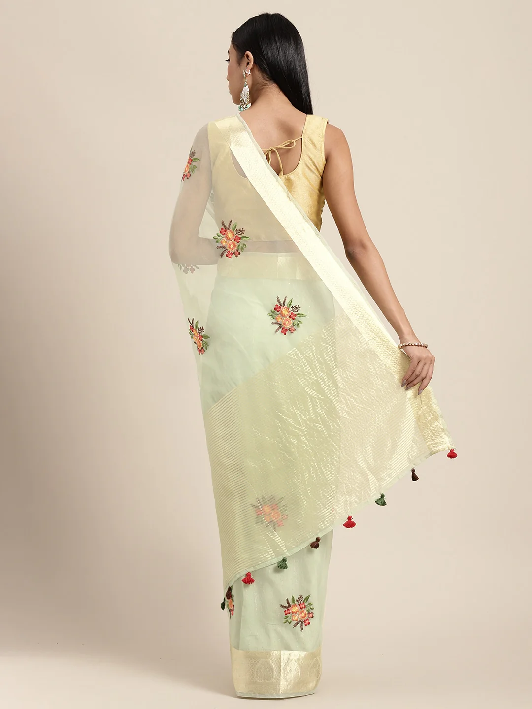 Neerus Pista Green Color Organza Fabric Saree - Image 2