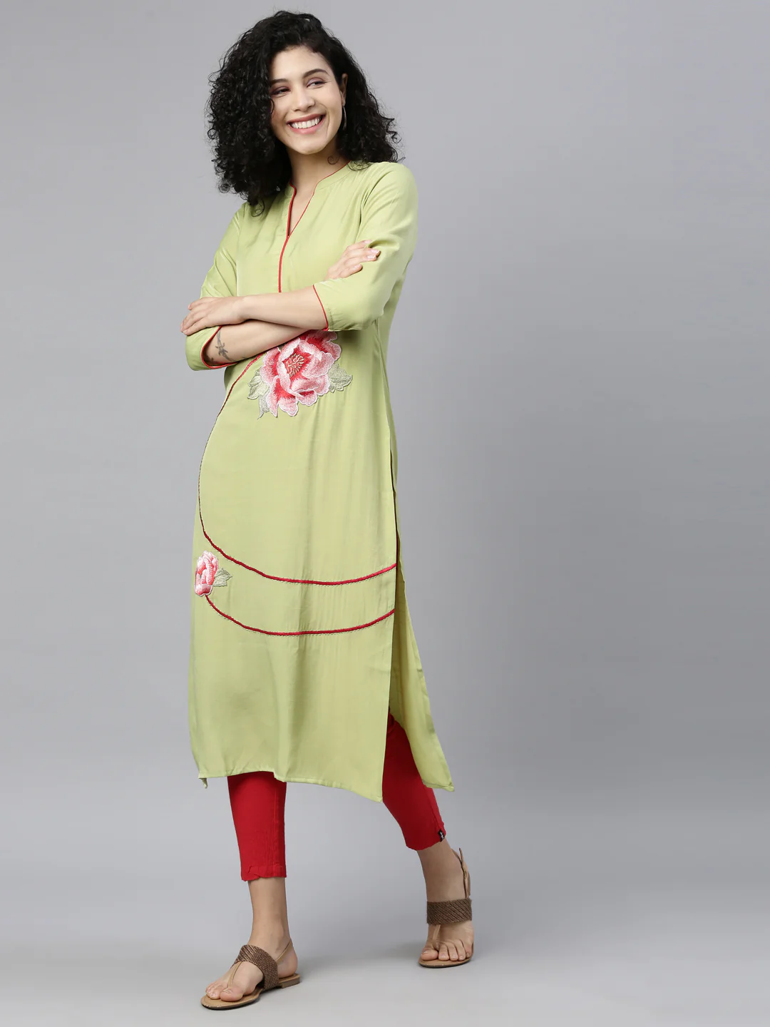 Neerus Pista Green Color Rayon Fabric Kurta - Image 4