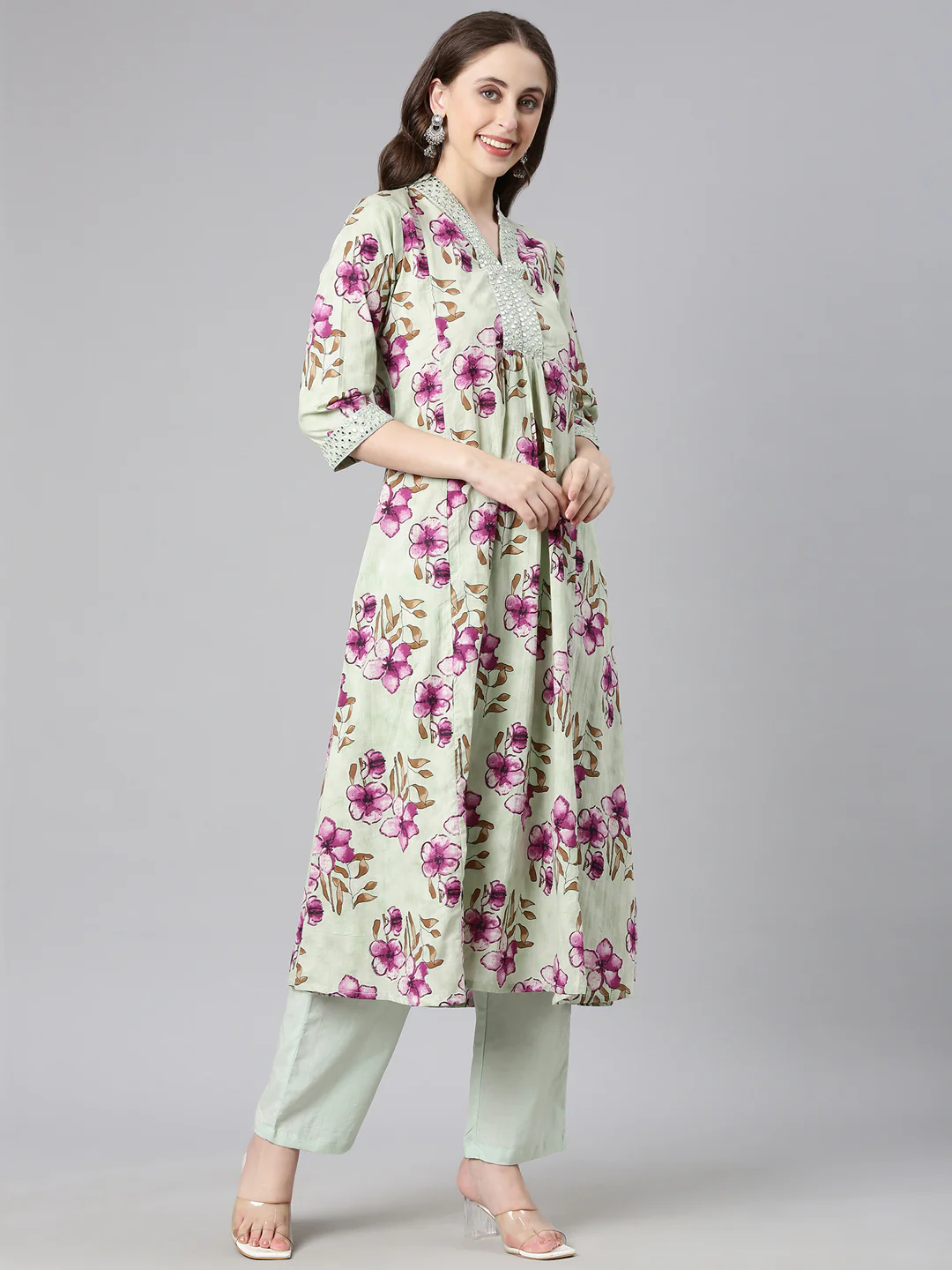 Neerus Pista Printed Anarkali Kurta and Trousers With Dupatta - Image 2