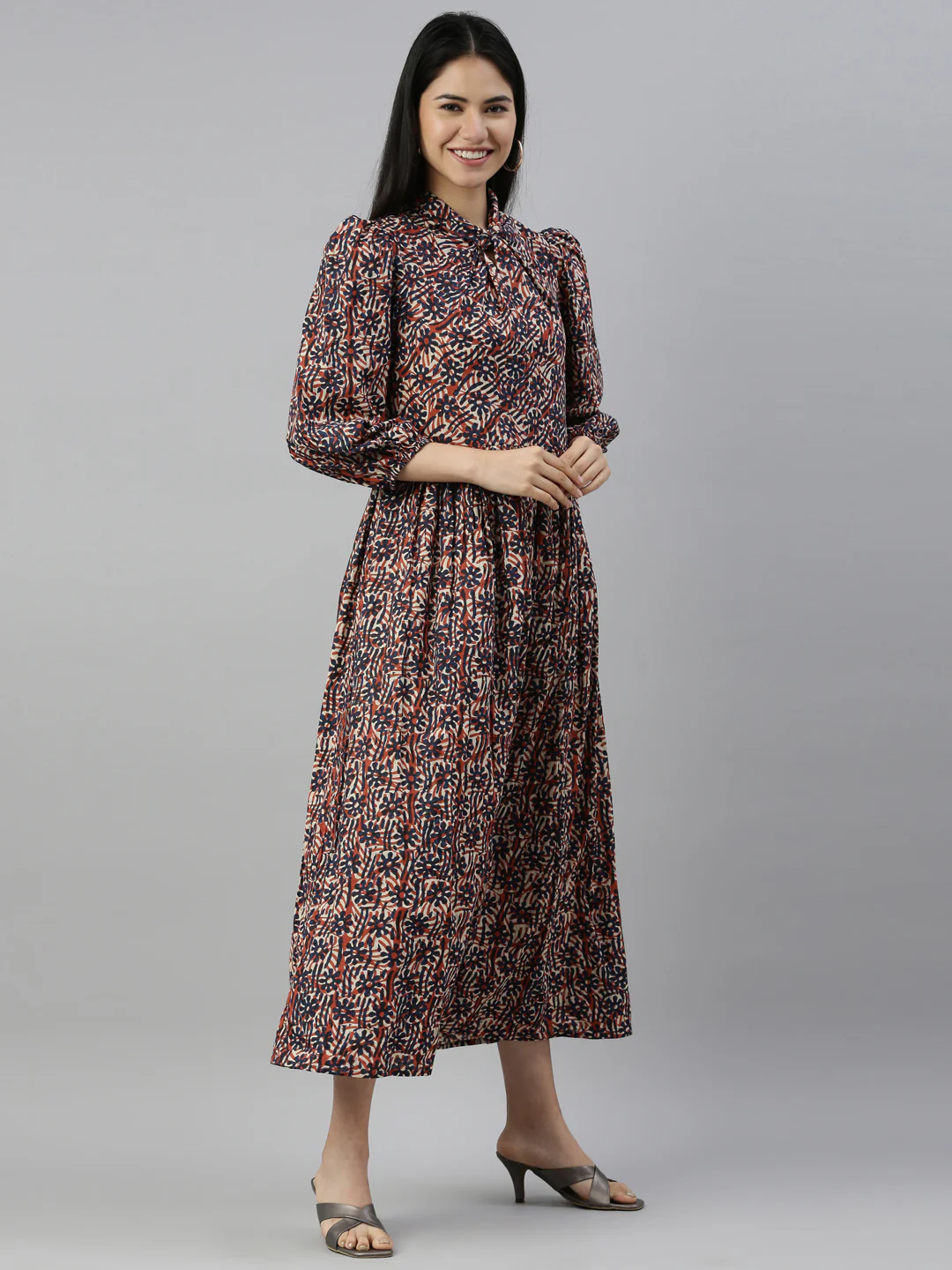 Neerus Printed Color Cotton Fabric Maxi Dress - Image 3