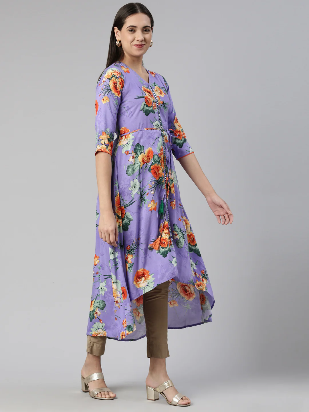 Neerus Purple Anarkali Curved Cotton Kurta - Image 2