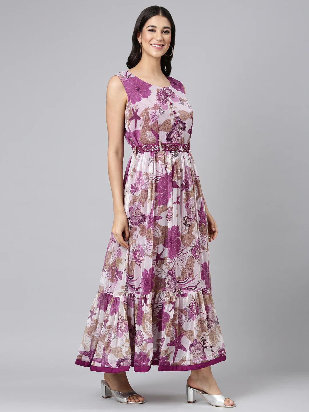 Neerus Purple Casual Floral Maxi Dresses - Image 2