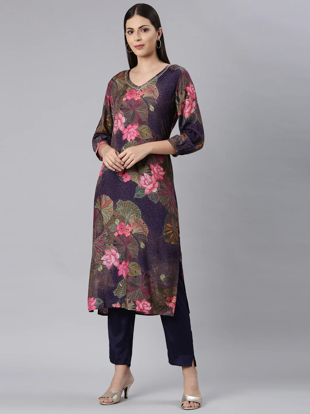 Neerus Purple Casual Floral Straight Kurta and Trouser - Image 2