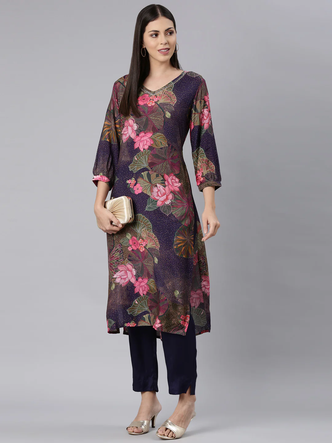 Neerus Purple Casual Floral Straight Kurta and Trouser - Image 6