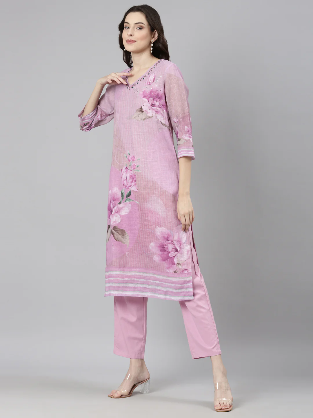 Neerus Purple Casual Floral Straight Kurta and Trousers With Dupatta - Image 2