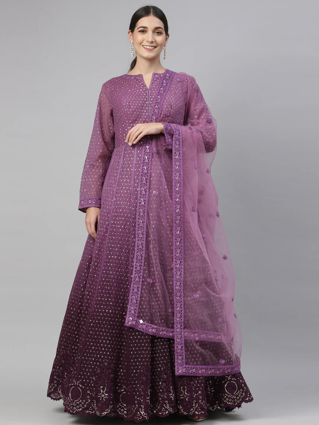 Neerus Purple Color Nett Fabric Gown - Image 40