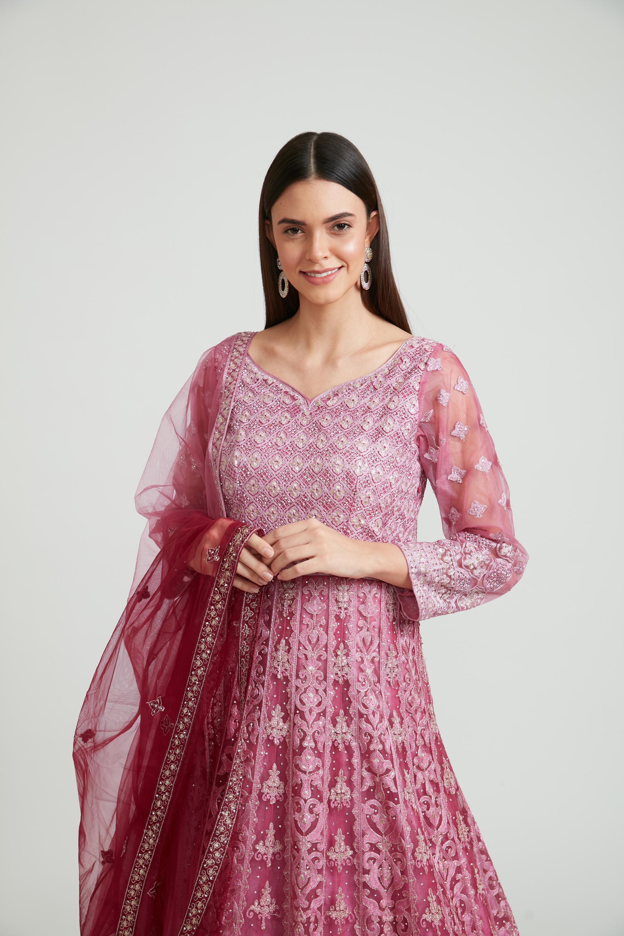 Neerus Purple Color Nett Fabric Gown With Dupatta - Image 3