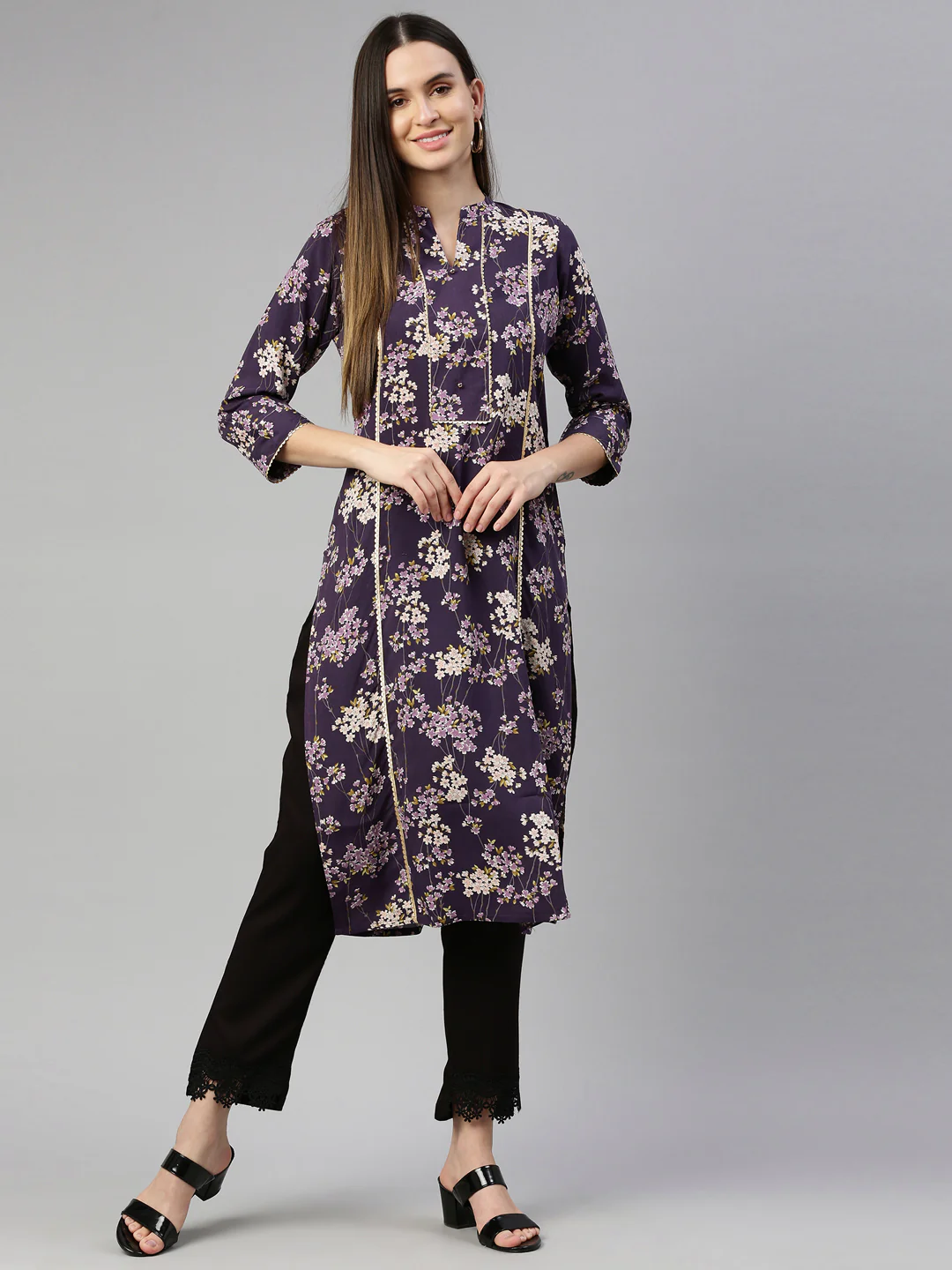 Neerus Purple Color Rayon Fabric Kurta - Image 6