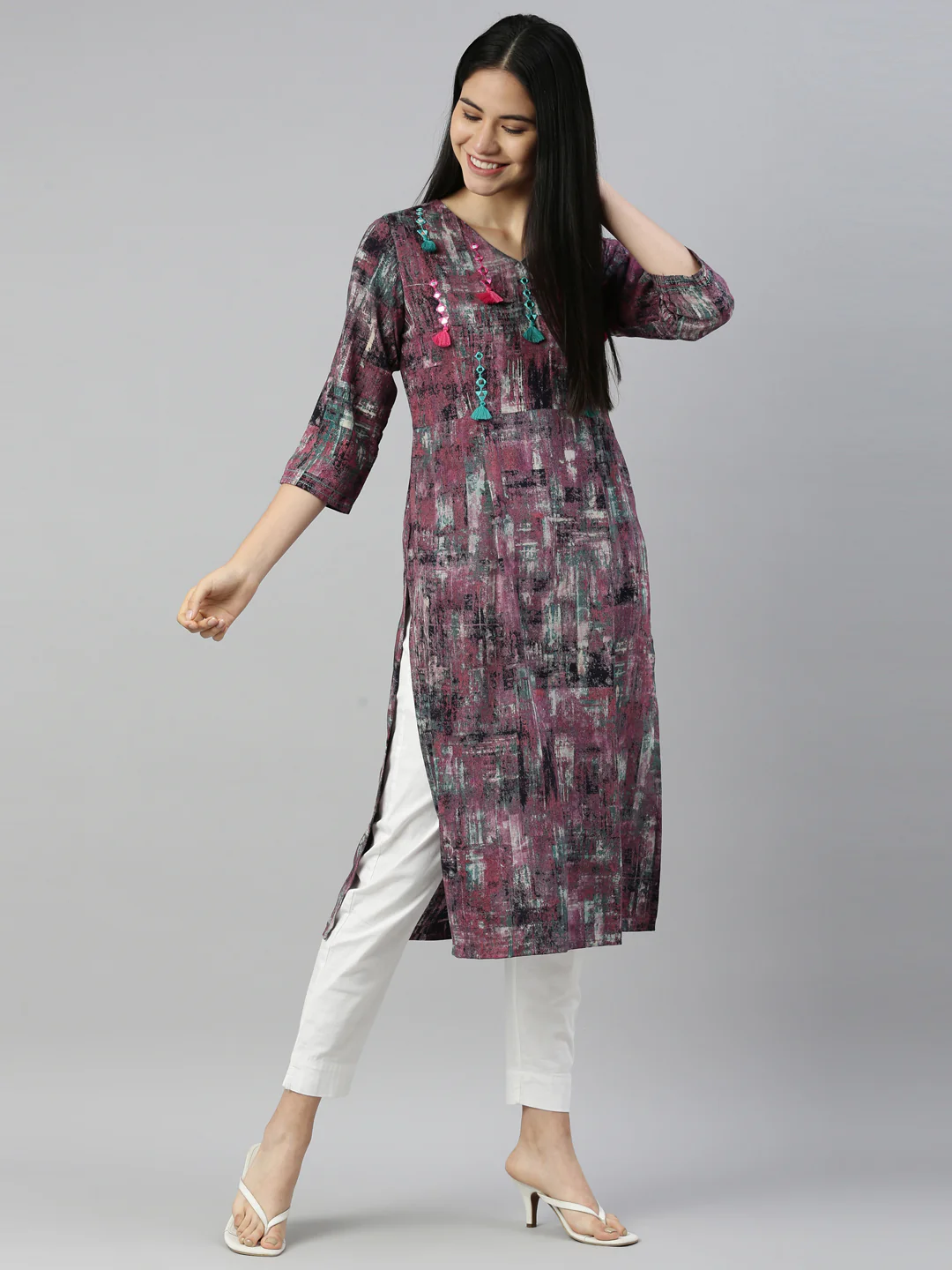Neerus Purple Color Rayon Fabric Kurta - Image 6