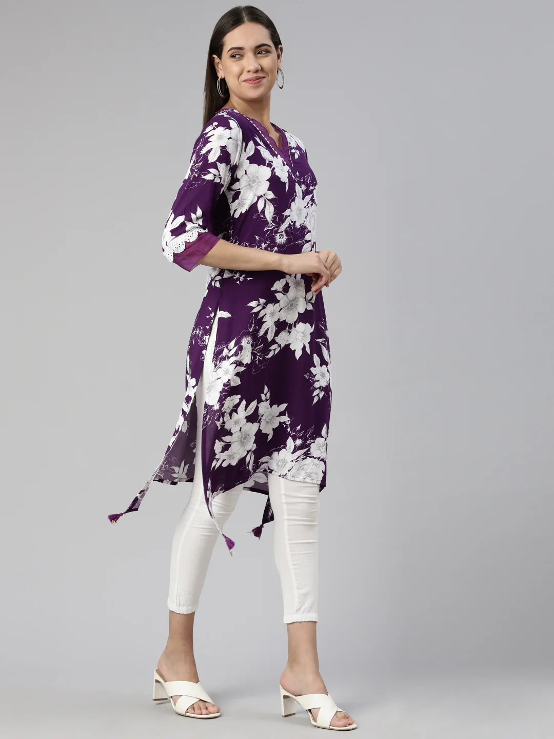 Neerus Purple Curved Crepe Kurta - Image 2