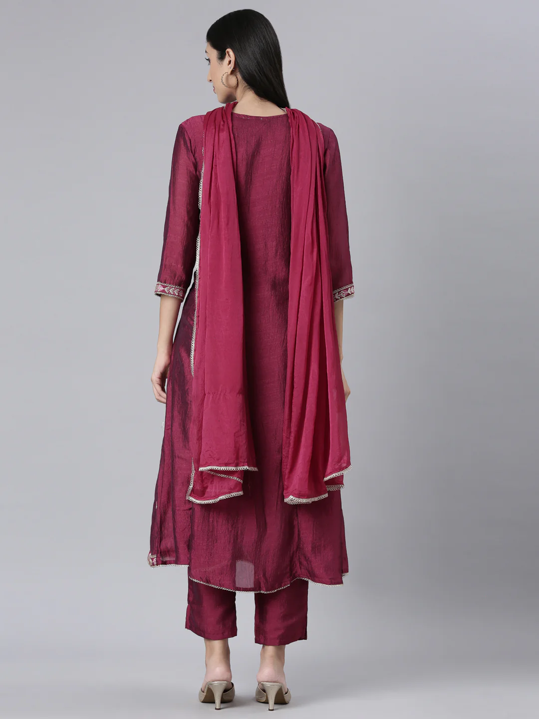 Neerus Purple Embroidered Anarkali Kurta and Trousers With Dupatta - Image 4