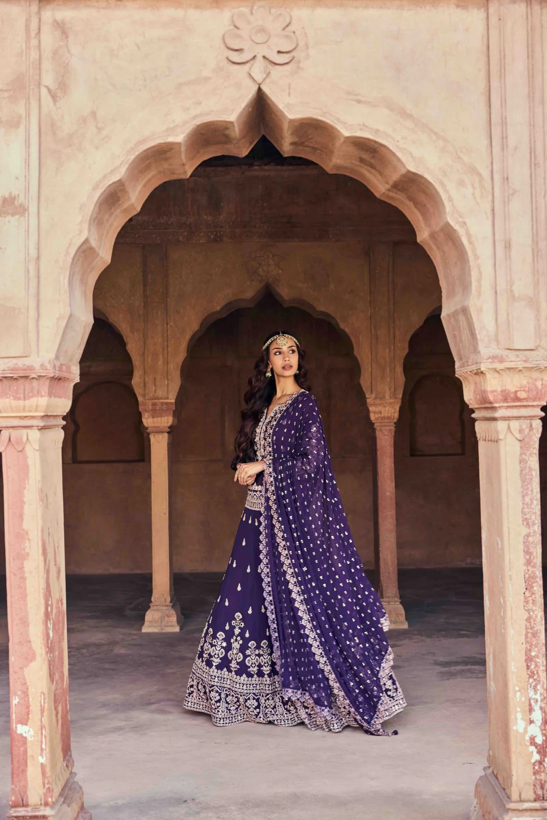 Neerus Purple Embroidery and Sequence Work Silk Fabric Top and Skirt With Dupatta - Image 3