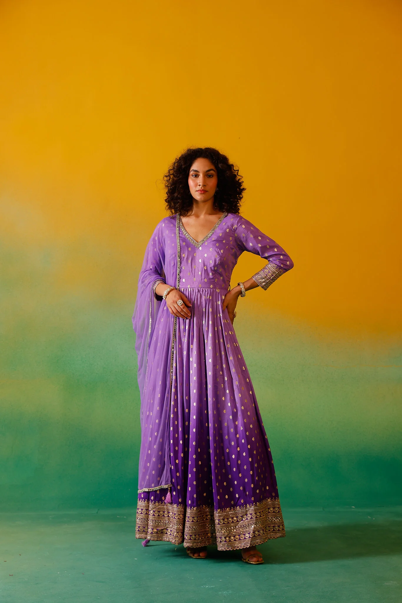 Neerus Purple Embroidery Banaras Fabric Anarkali Trouser and Dupatta - Image 2