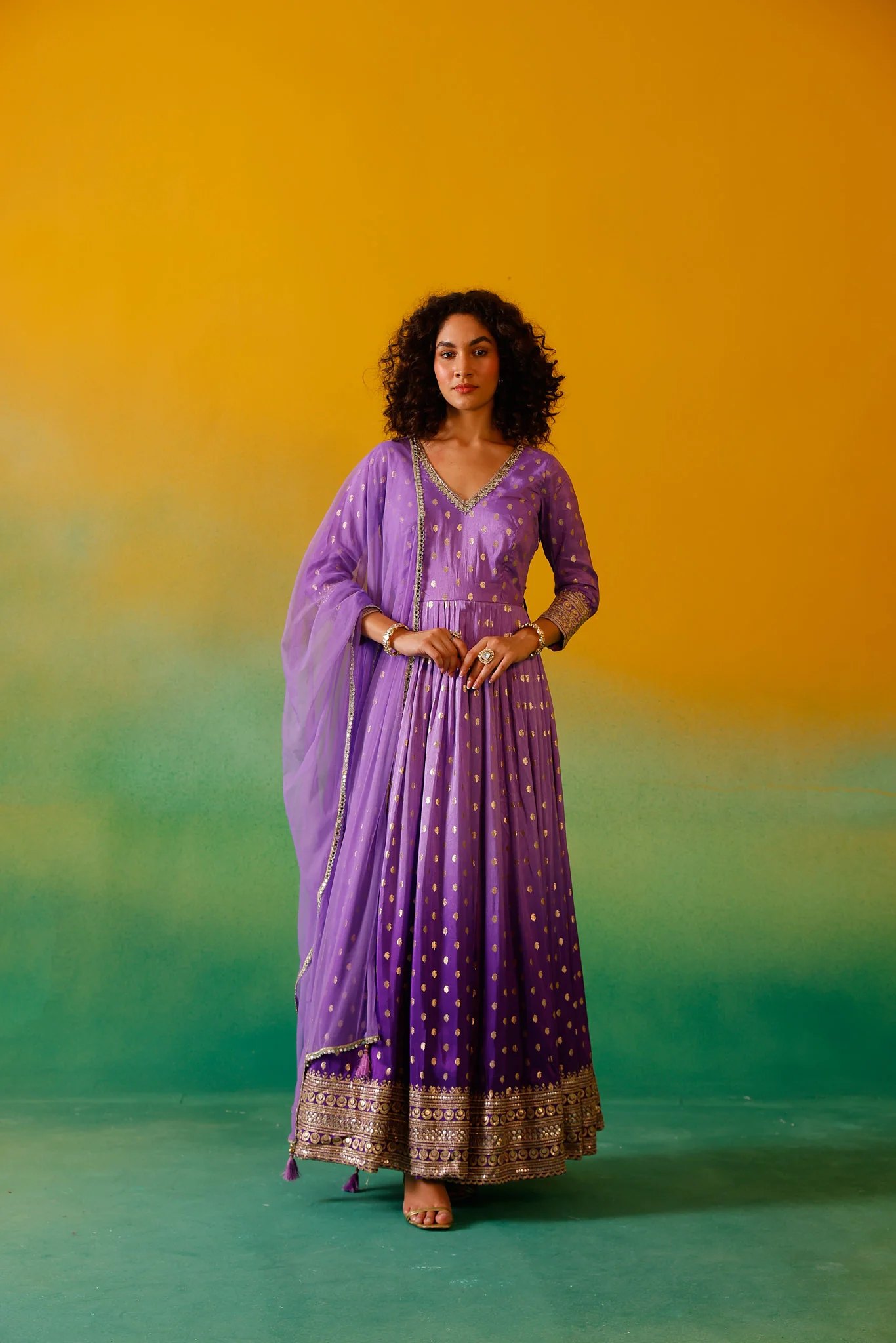Neerus Purple Embroidery Banaras Fabric Anarkali Trouser and Dupatta - Image 5