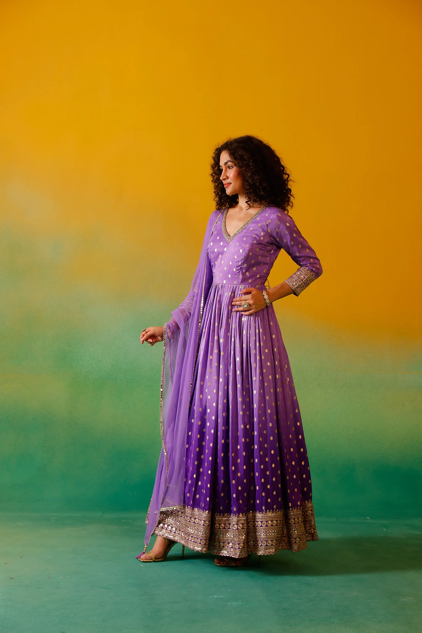 Neerus Purple Embroidery Banaras Fabric Anarkali Trouser and Dupatta - Image 6