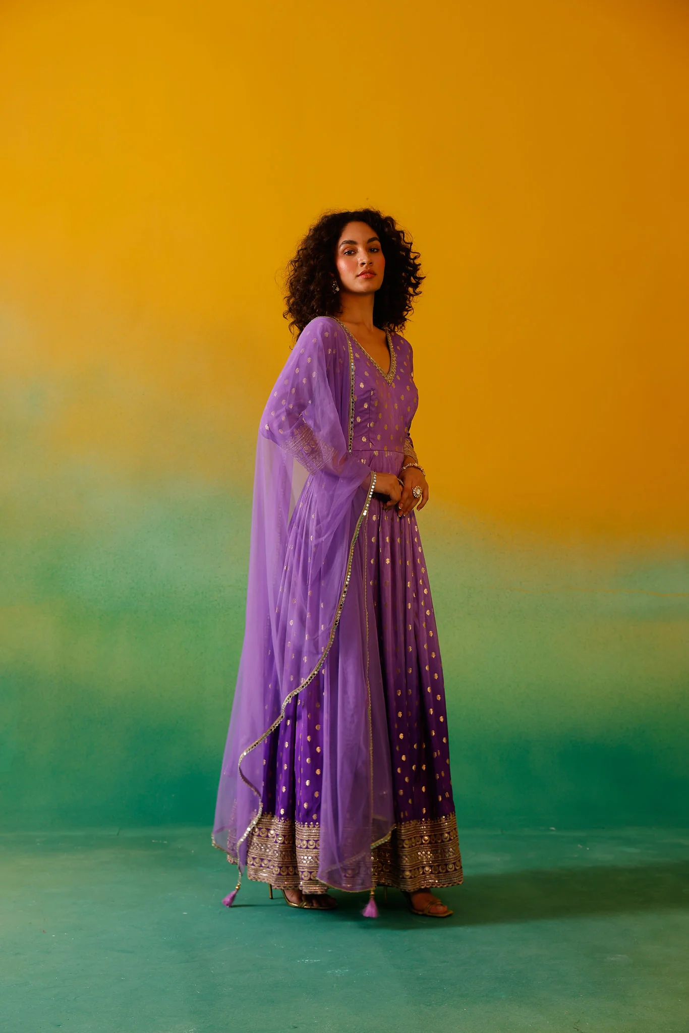 Neerus Purple Embroidery Banaras Fabric Anarkali Trouser and Dupatta - Image 7