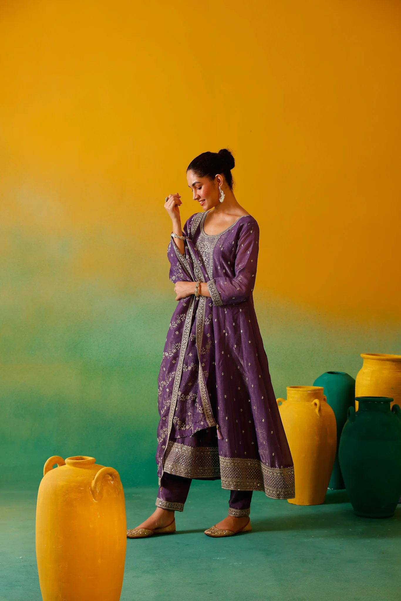 Neerus Purple Embroidery Vichitra Silk Fabric Anarkali Trouser and Dupatta. - Image 6