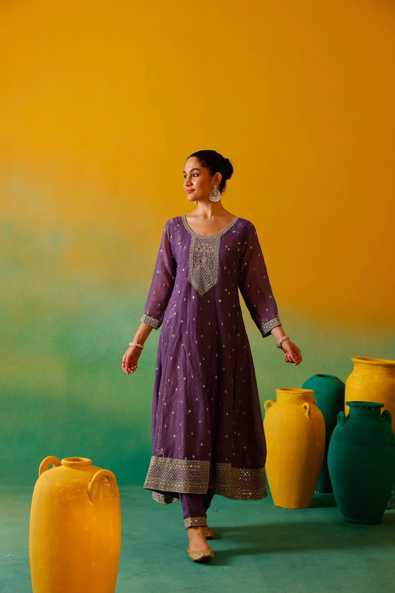 Neerus Purple Embroidery Vichitra Silk Fabric Anarkali Trouser and Dupatta. - Image 9